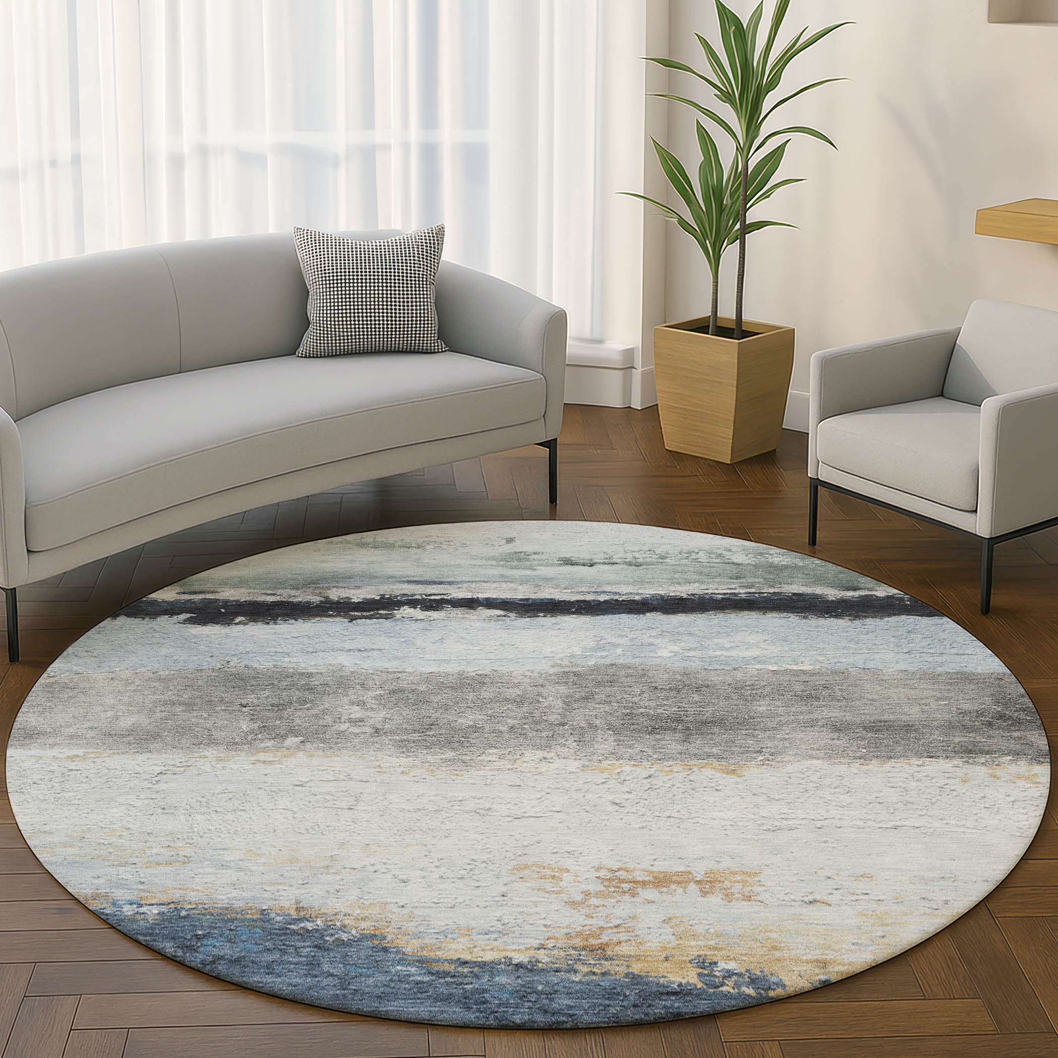 Lucerne Machine Washable Transitional Blue Rug 8' x 8' #shape_Round