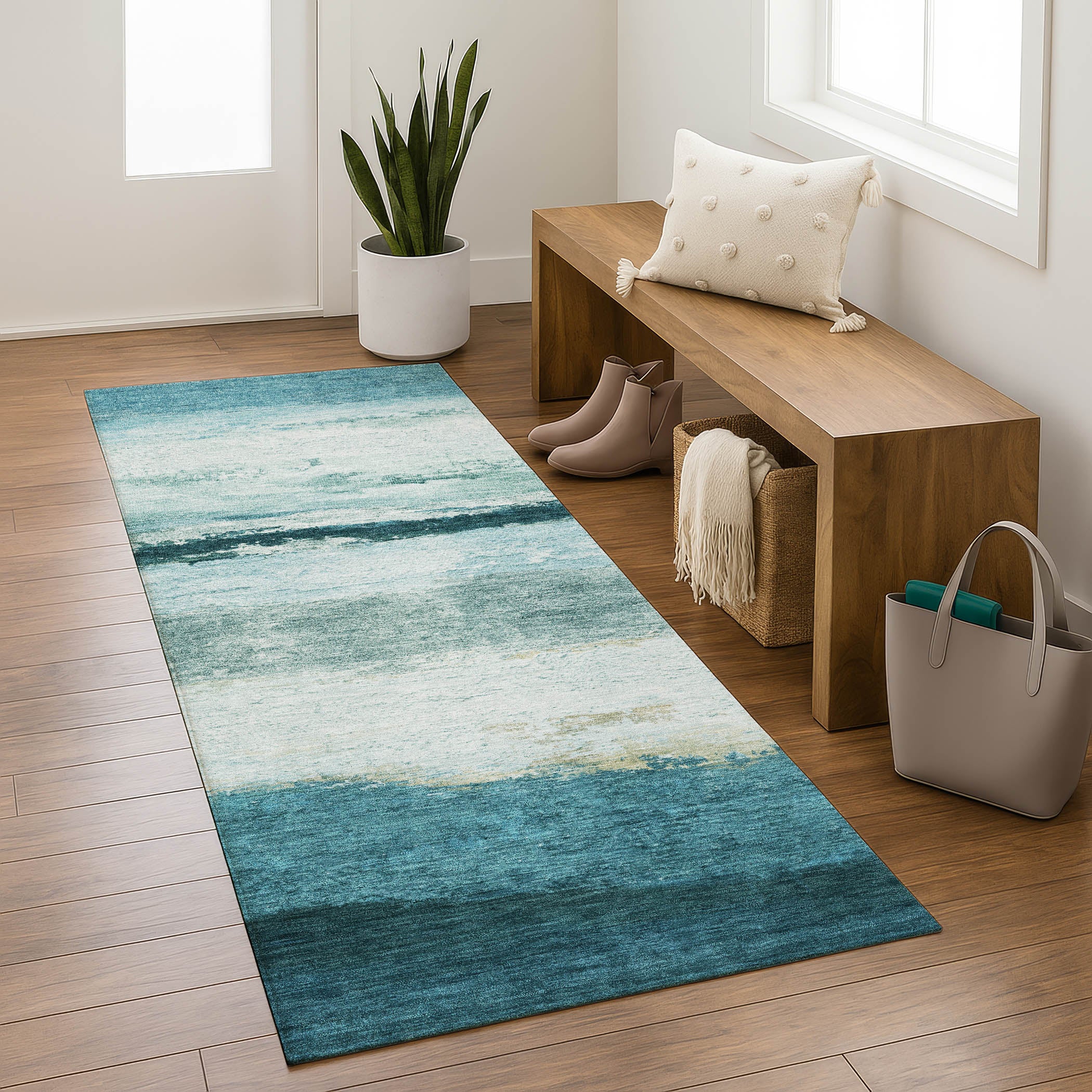 Lucerne Machine Washable Transitional Teal Rug 2'3" x 7'6" #shape_Runner
