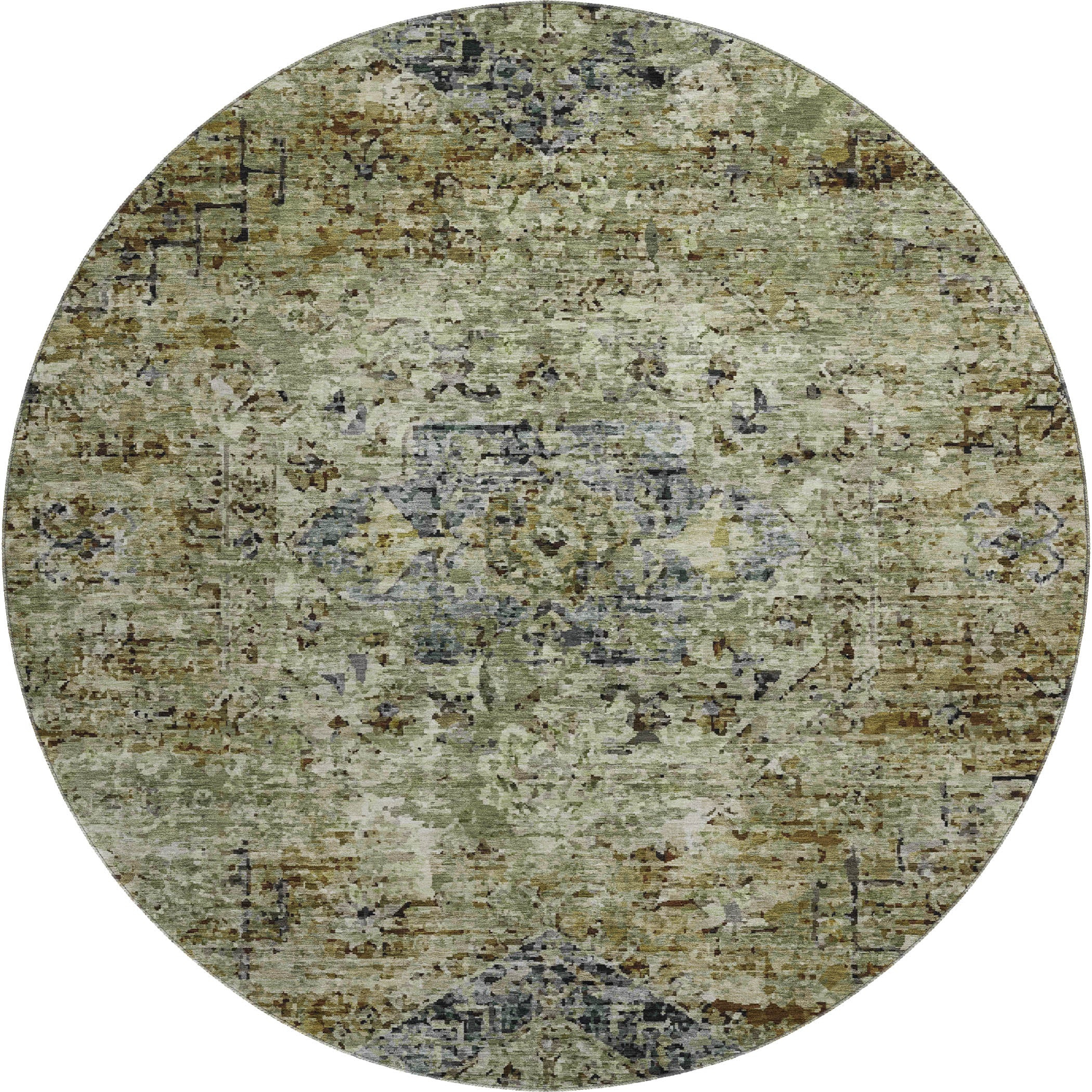 Bangkok Machine Washable Traditional Aloe Green Rug 8' x 8' #shape_Round