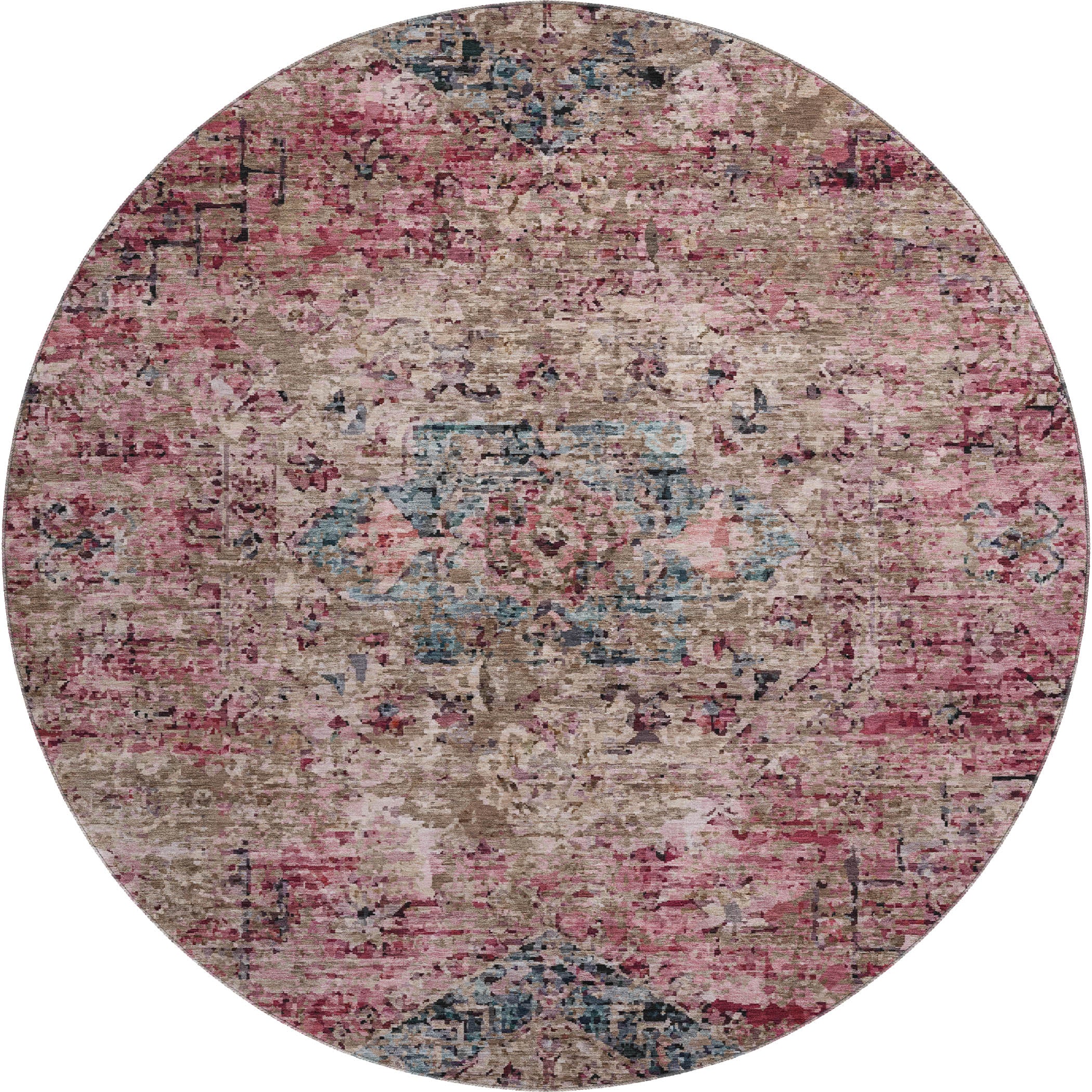 Bangkok Machine Washable Traditional Pink Rug 8' x 8' #shape_Round