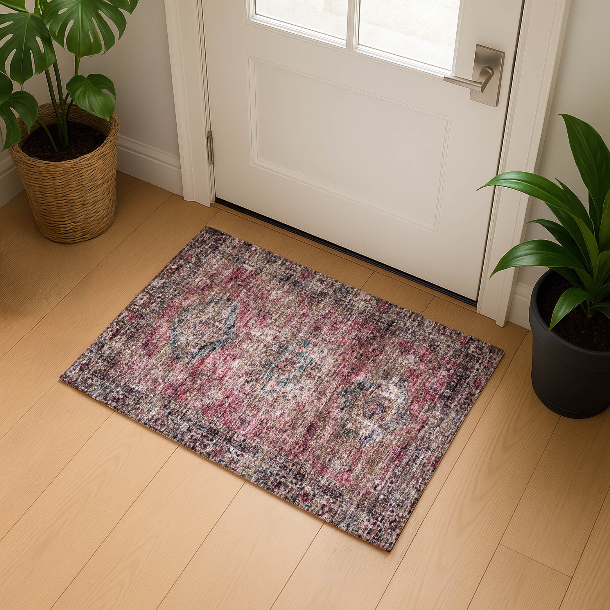 Bangkok Machine Washable Traditional Pink Rug 1'8" x 2'6" #shape_Rectangle