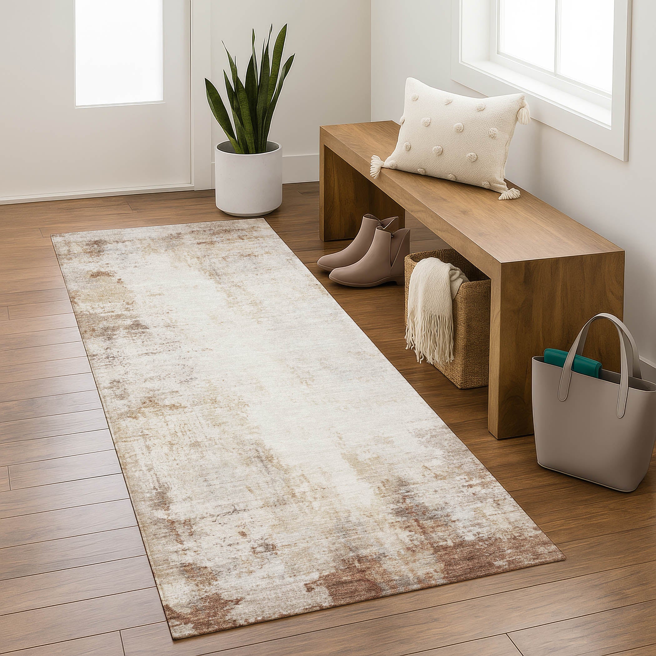 Queenstown Machine Washable Transitional Beige Brown Rug 2'3" x 7'6" #shape_Runner
