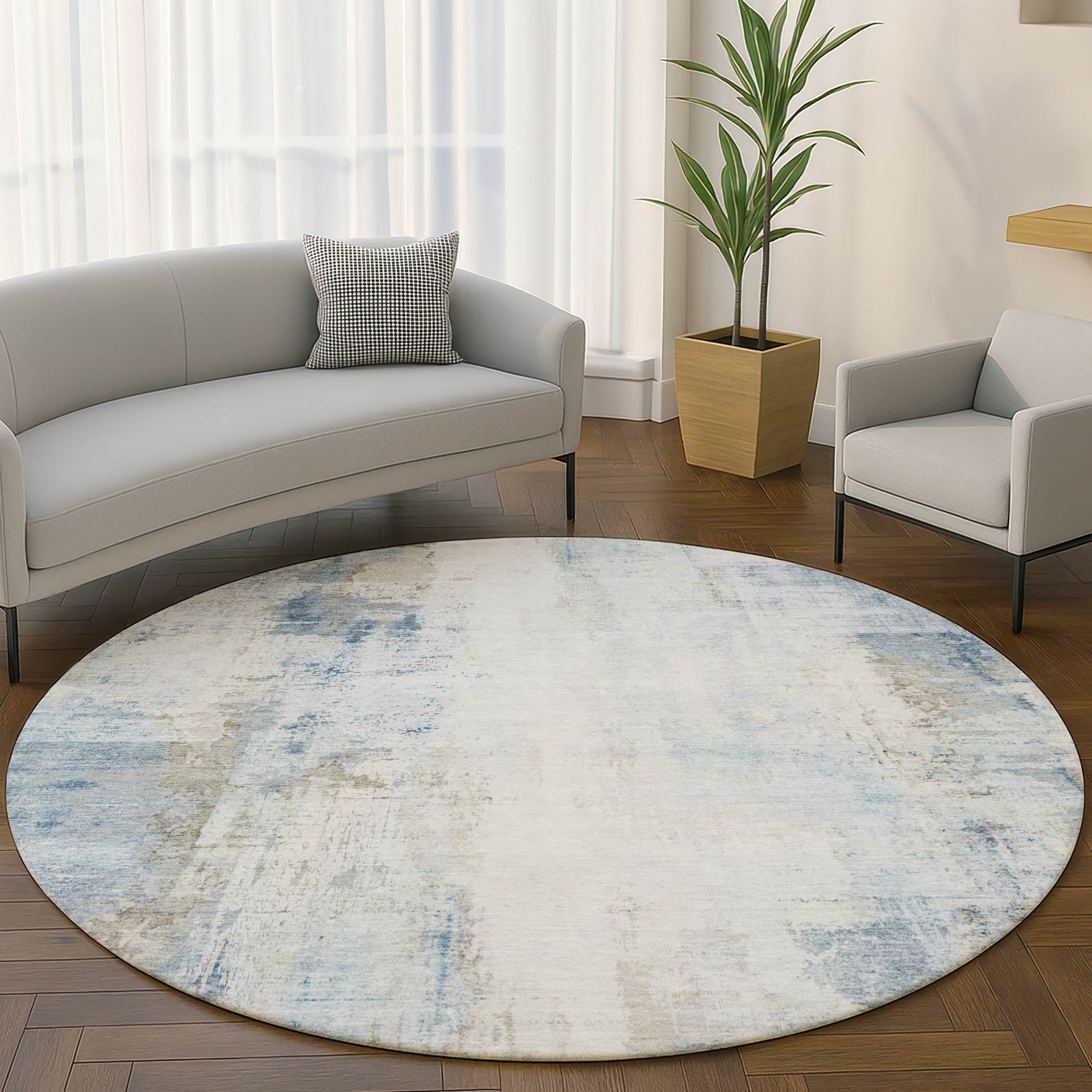 Queenstown Machine Washable Transitional Blue Rug 8' x 8' #shape_Round