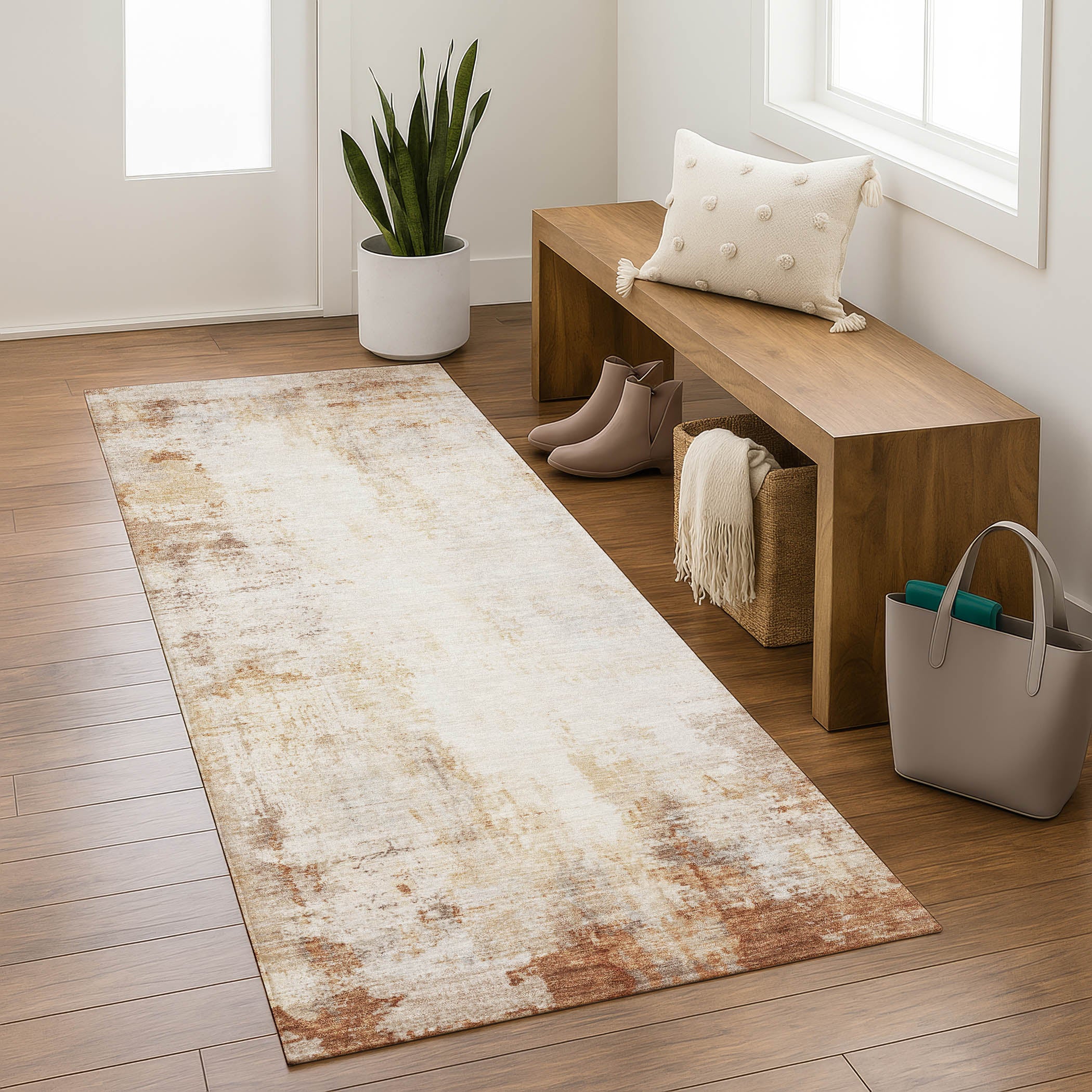Queenstown Machine Washable Transitional Copper Orange Rug 2'3" x 7'6" #shape_Runner