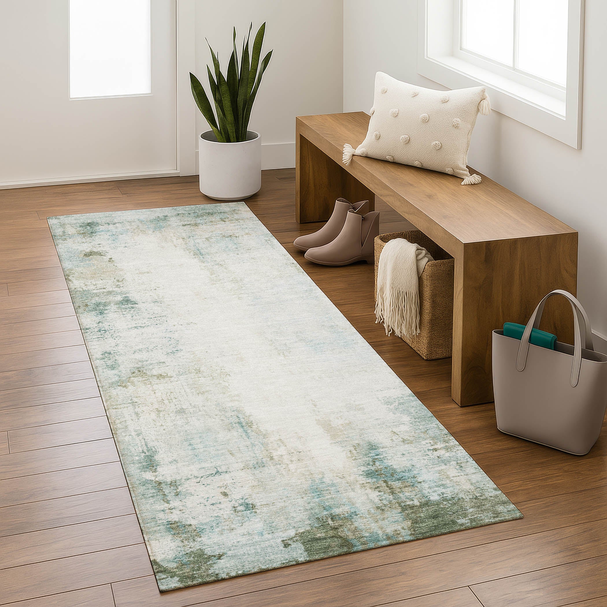 Queenstown Machine Washable Transitional Sage Green Rug 2'3" x 7'6" #shape_Runner