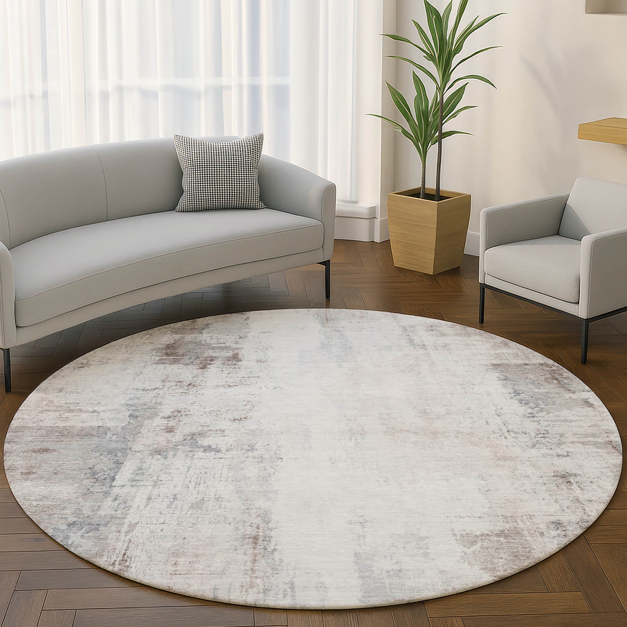 Queenstown Machine Washable Transitional Taupe Brown Rug 8' x 8' #shape_Round