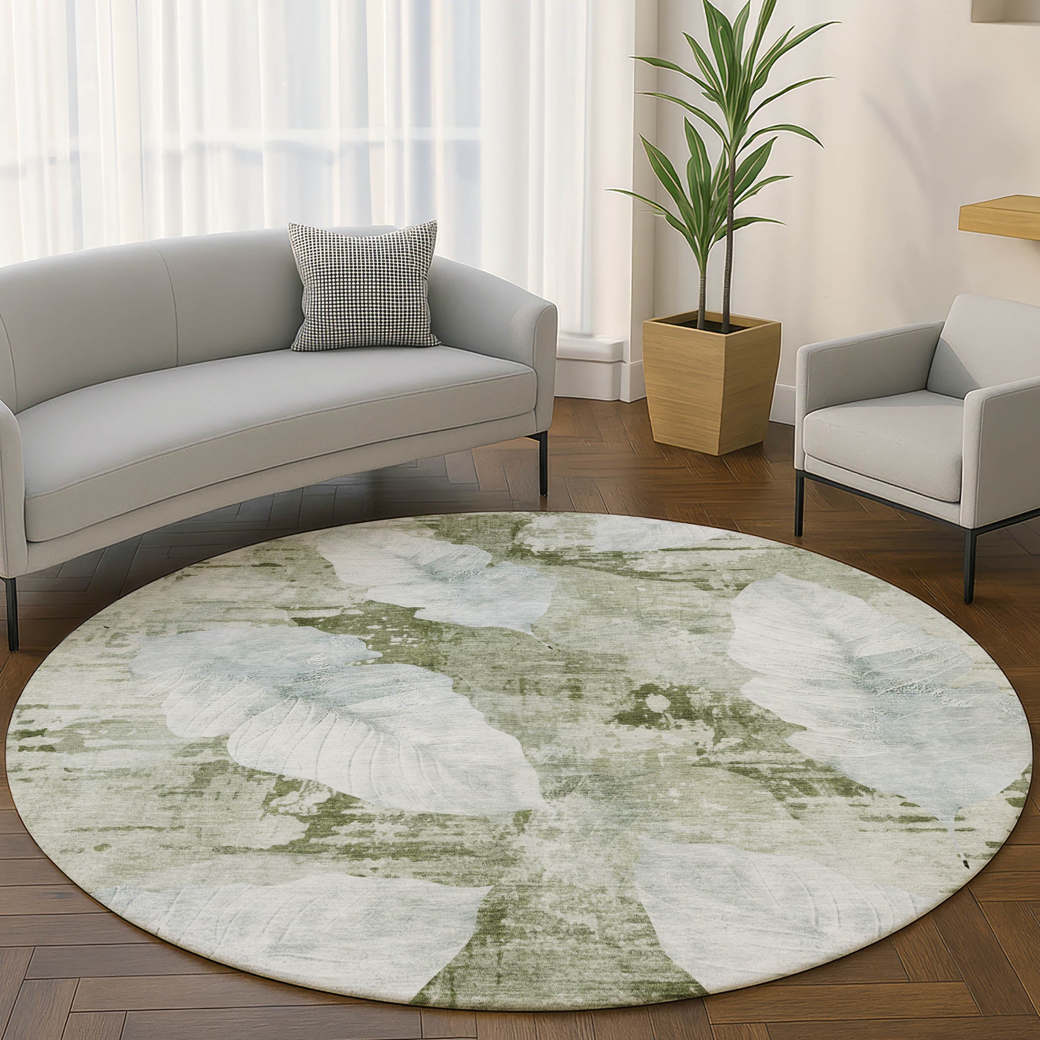 Santorini Machine Washable Transitional Aloe Green Rug 8' x 8' #shape_Round