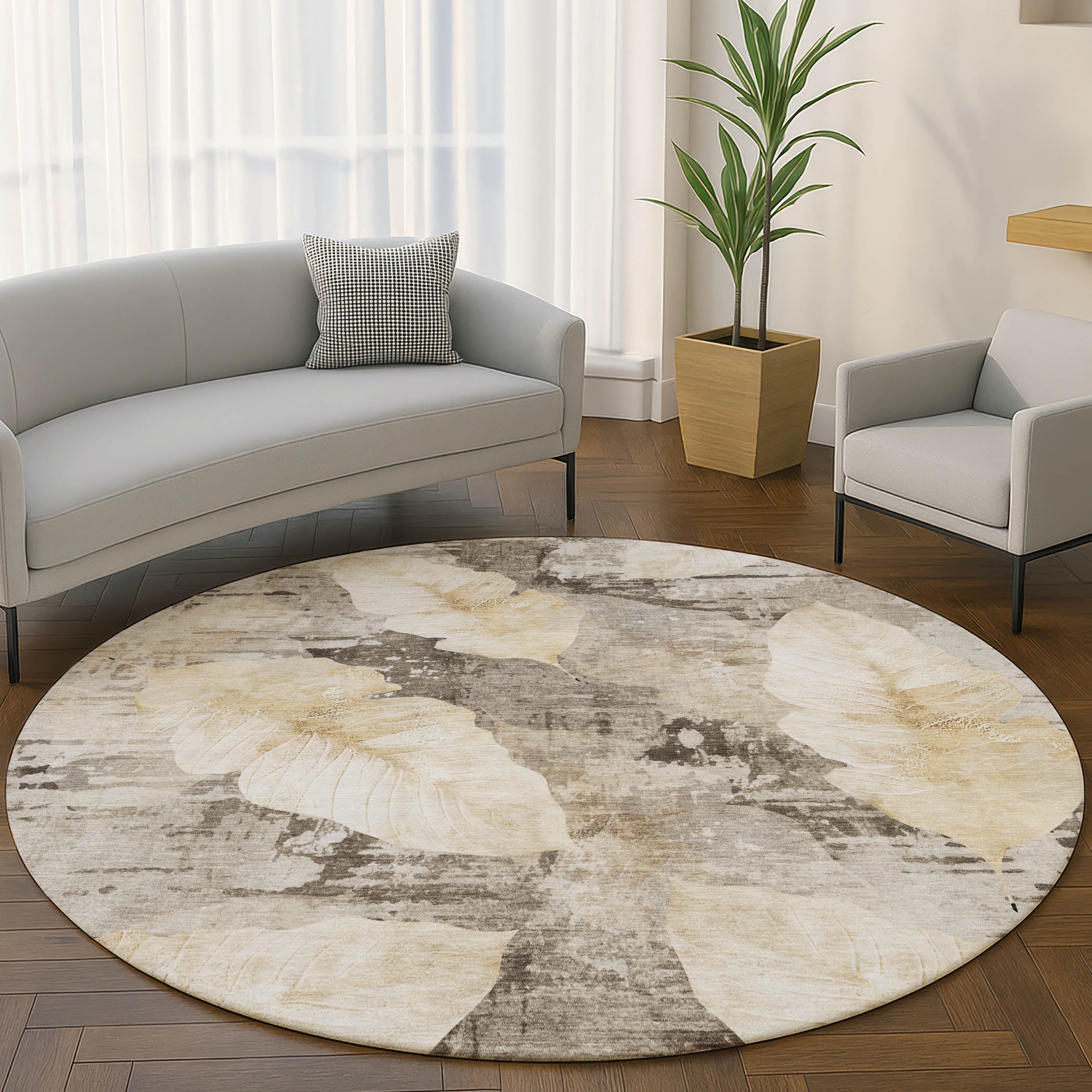 Santorini Machine Washable Transitional Brown Rug 8' x 8' #shape_Round