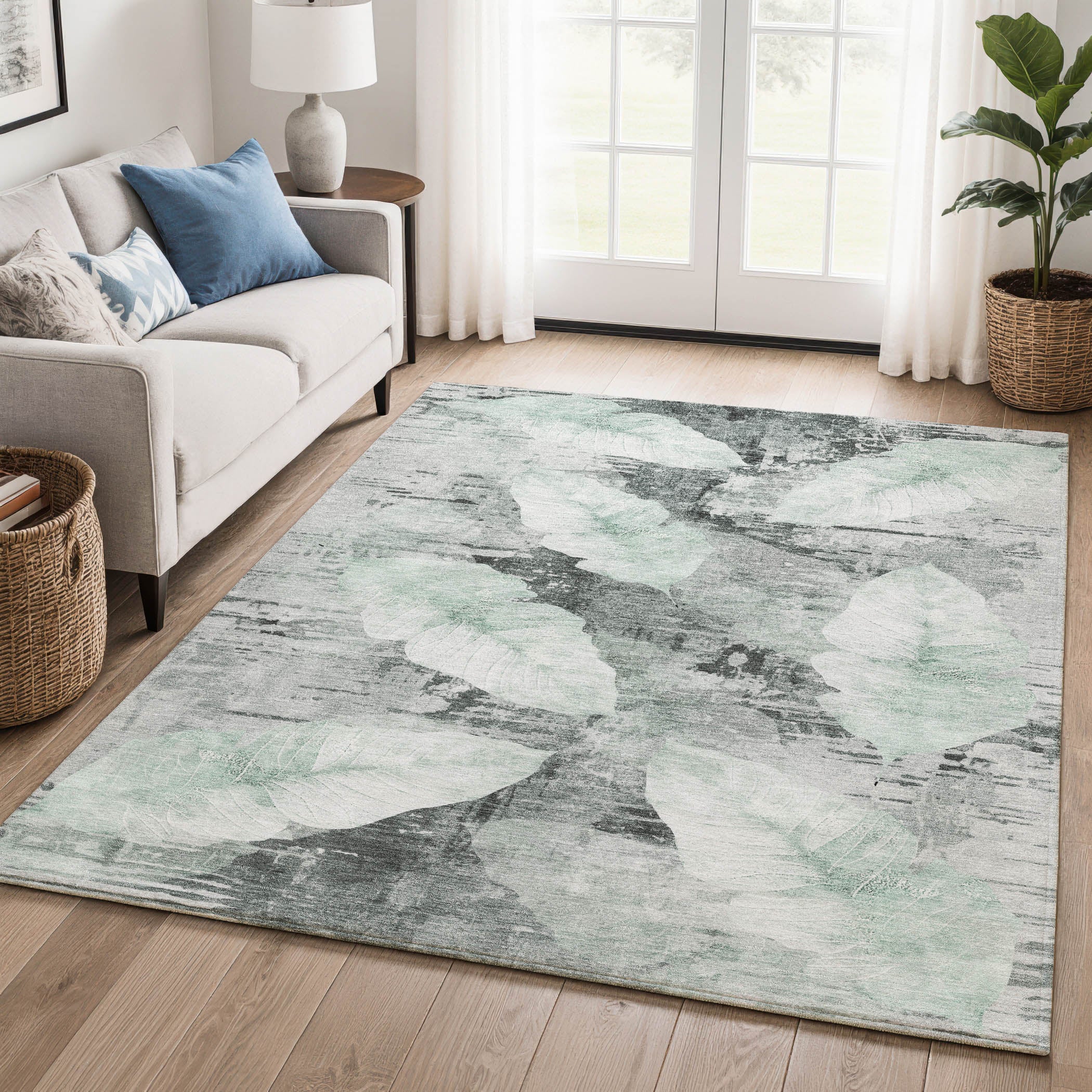 Santorini Machine Washable Transitional Teal Rug 2'6" x 3'10" #shape_Rectangle
