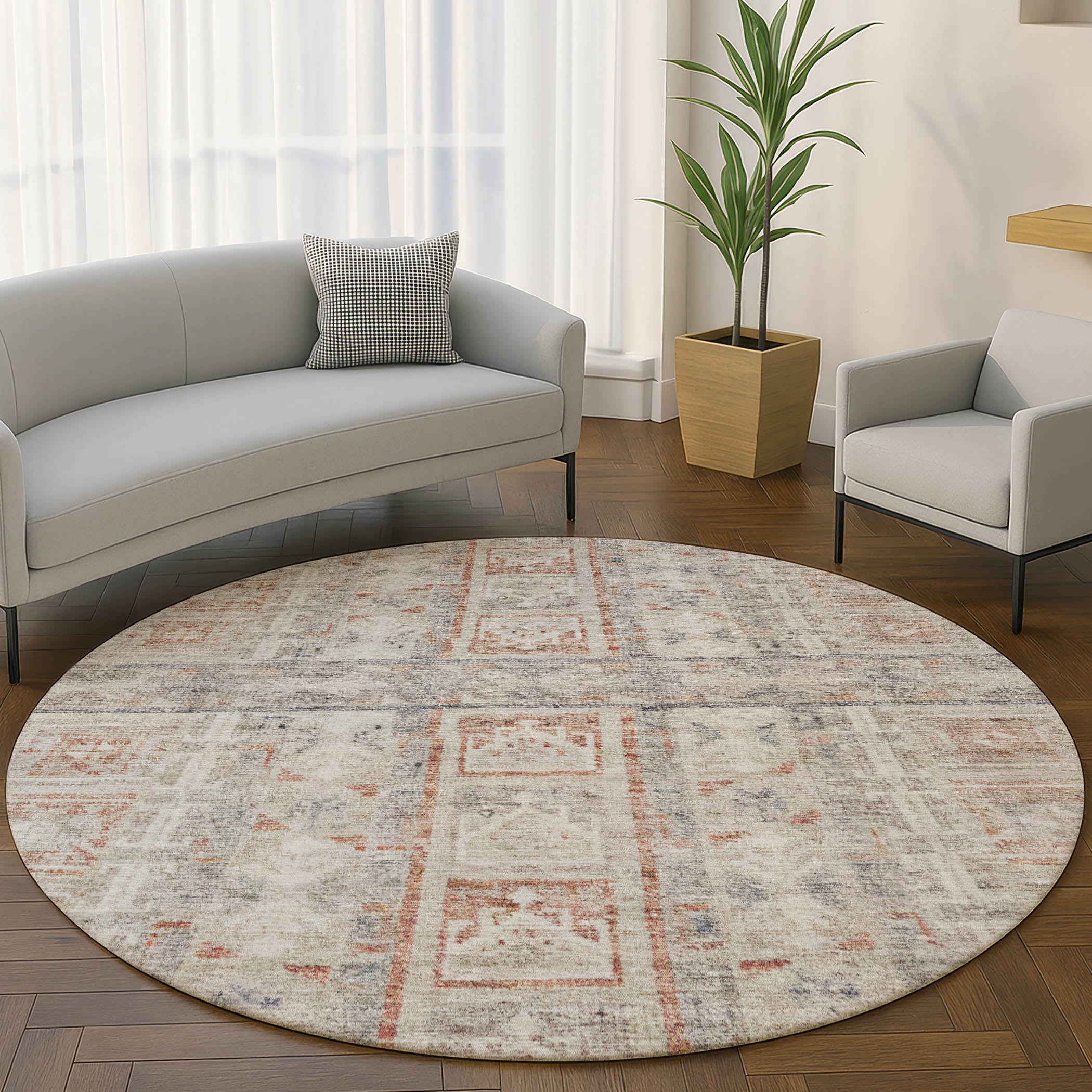 Colombo Machine Washable Transitional Beige Brown Rug 8' x 8' #shape_Round