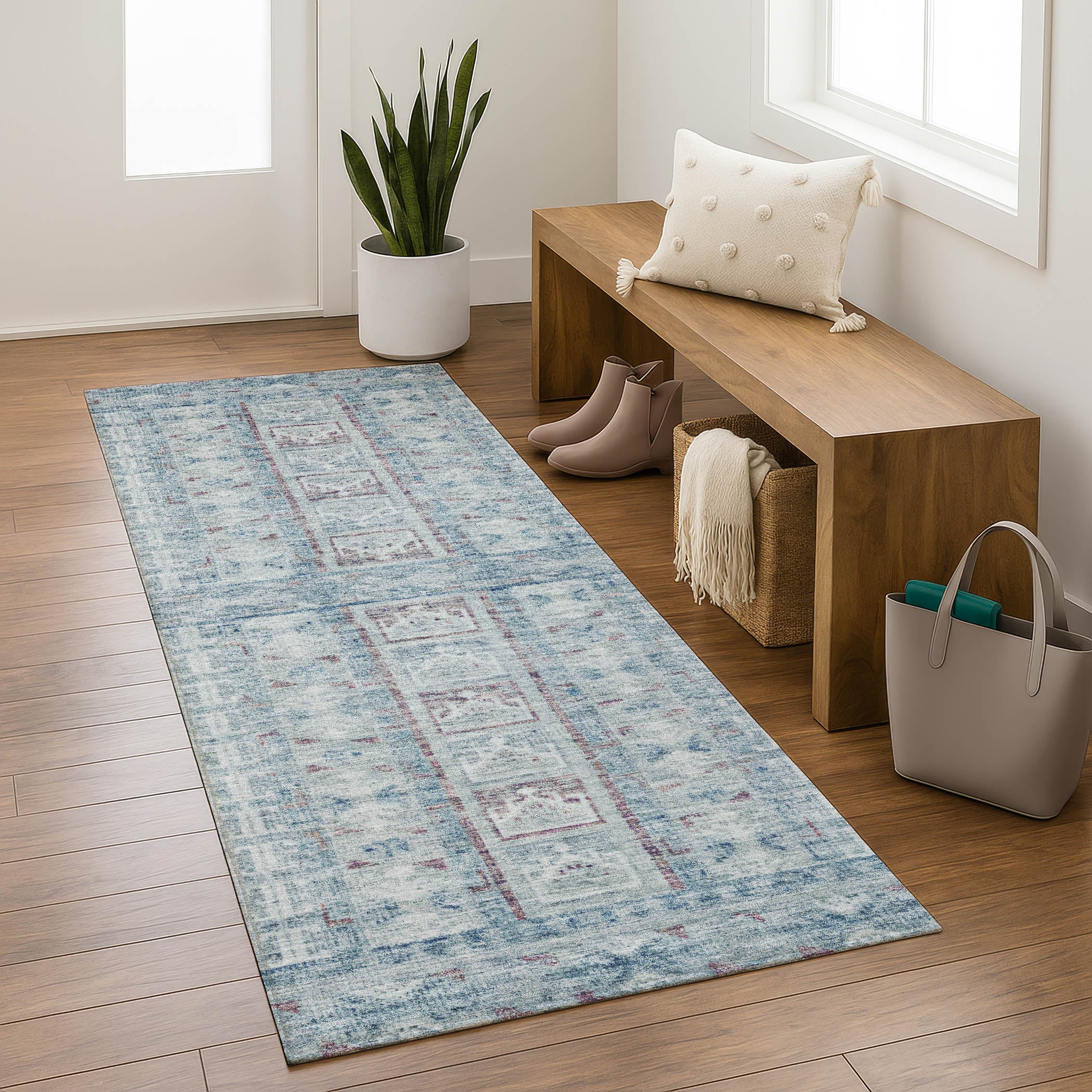 Colombo Machine Washable Transitional Blue Rug 2'3" x 7'6" #shape_Runner