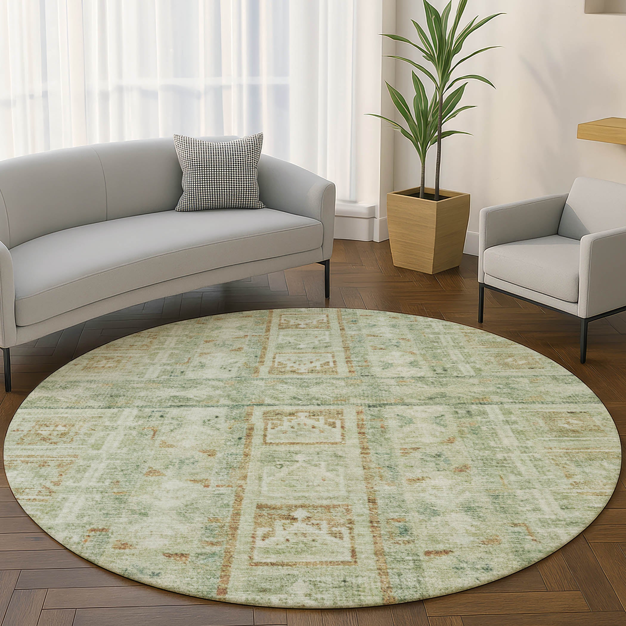 Colombo Machine Washable Transitional Green Rug 8' x 8' #shape_Round