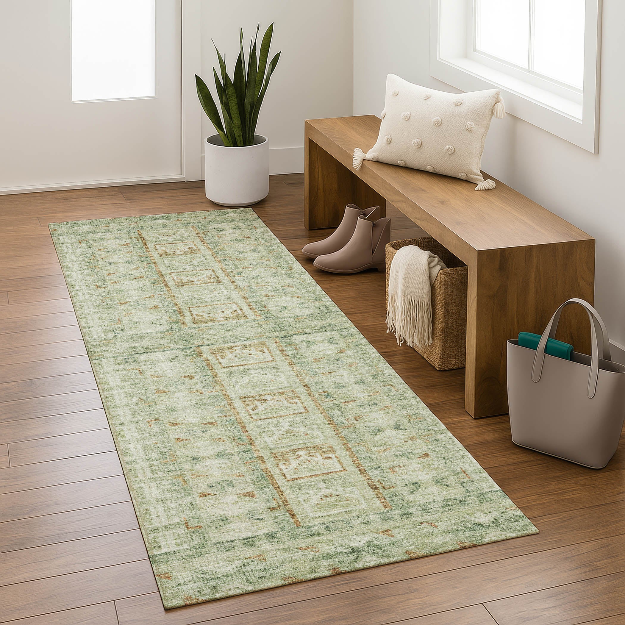Colombo Machine Washable Transitional Green Rug 2'3" x 7'6" #shape_Runner