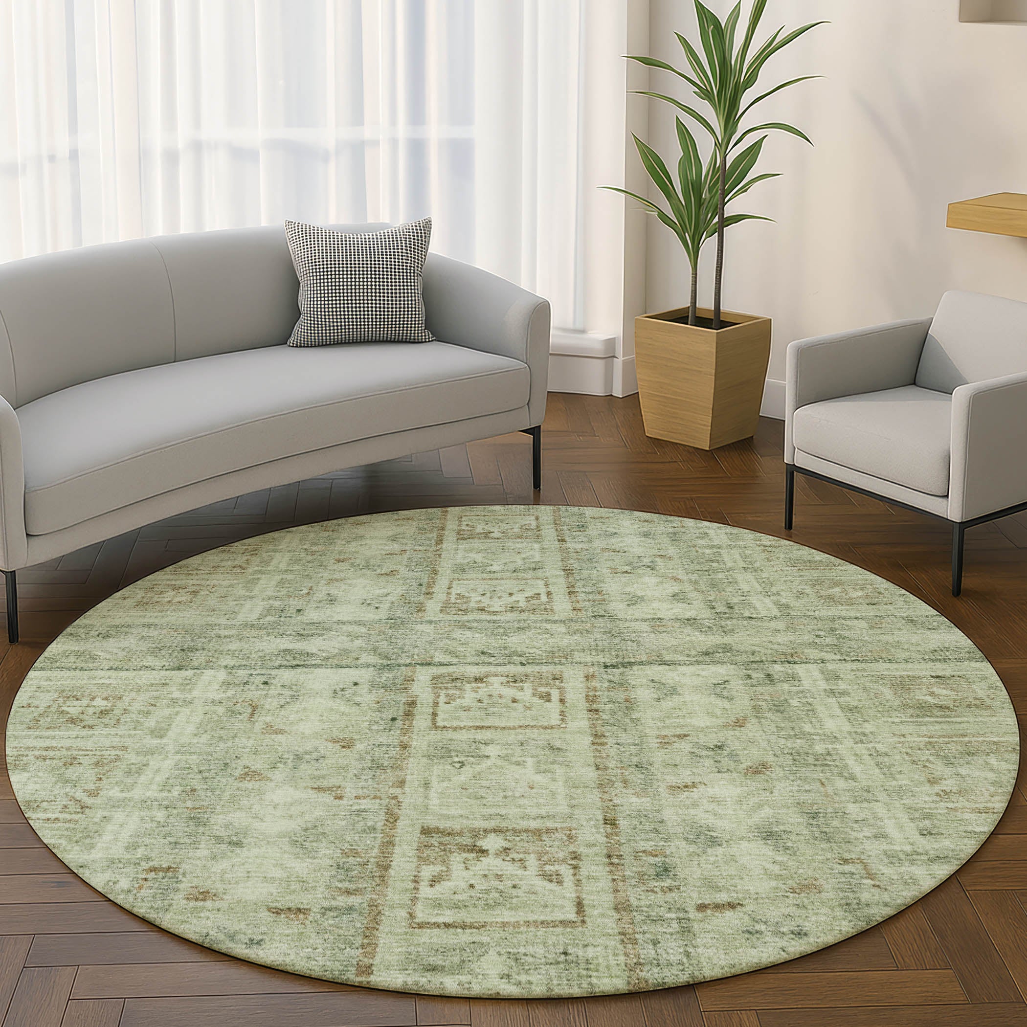 Colombo Machine Washable Transitional Sage Green Rug 8' x 8' #shape_Round