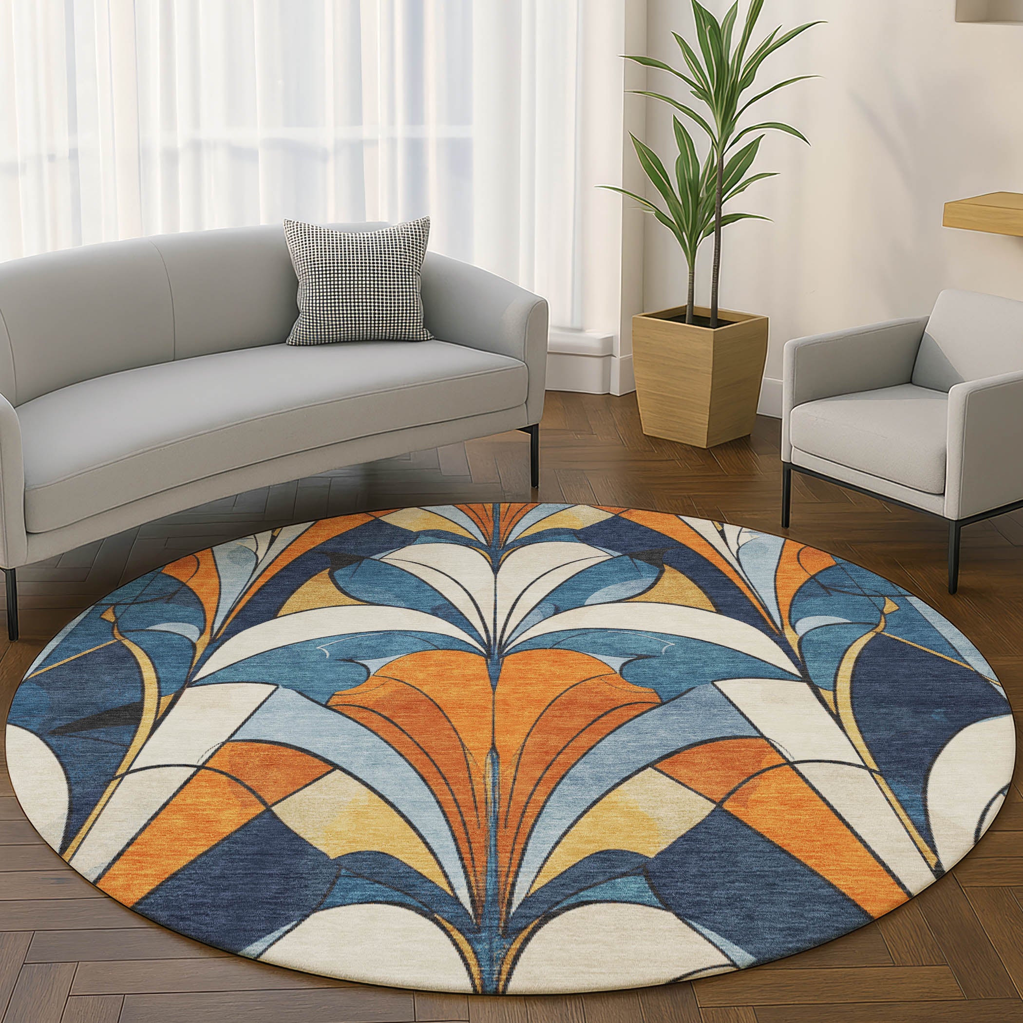 Kotor Machine Washable Transitional Blue Rug 8' x 8' #shape_Round