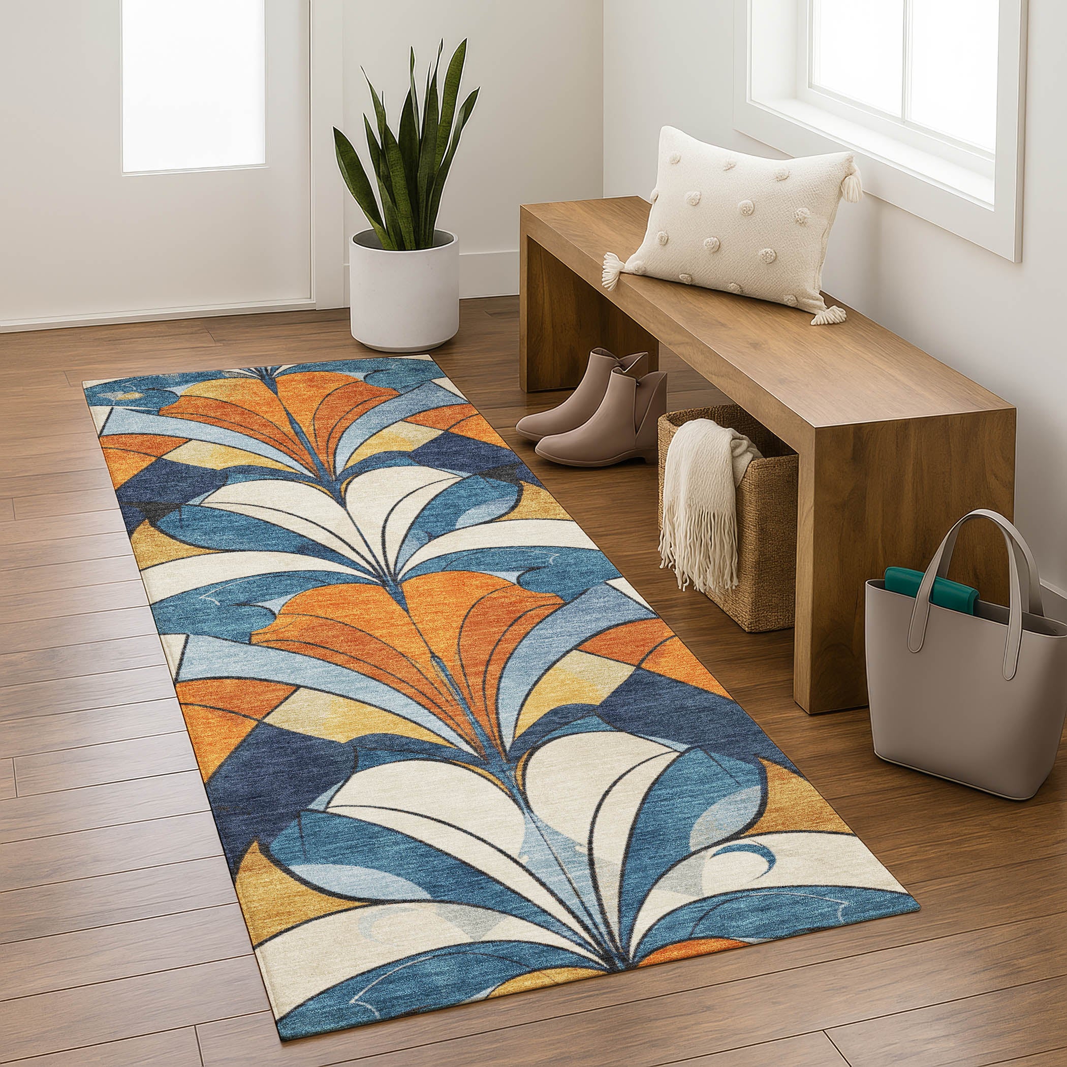 Kotor Machine Washable Transitional Blue Rug 2'3" x 7'6" #shape_Runner