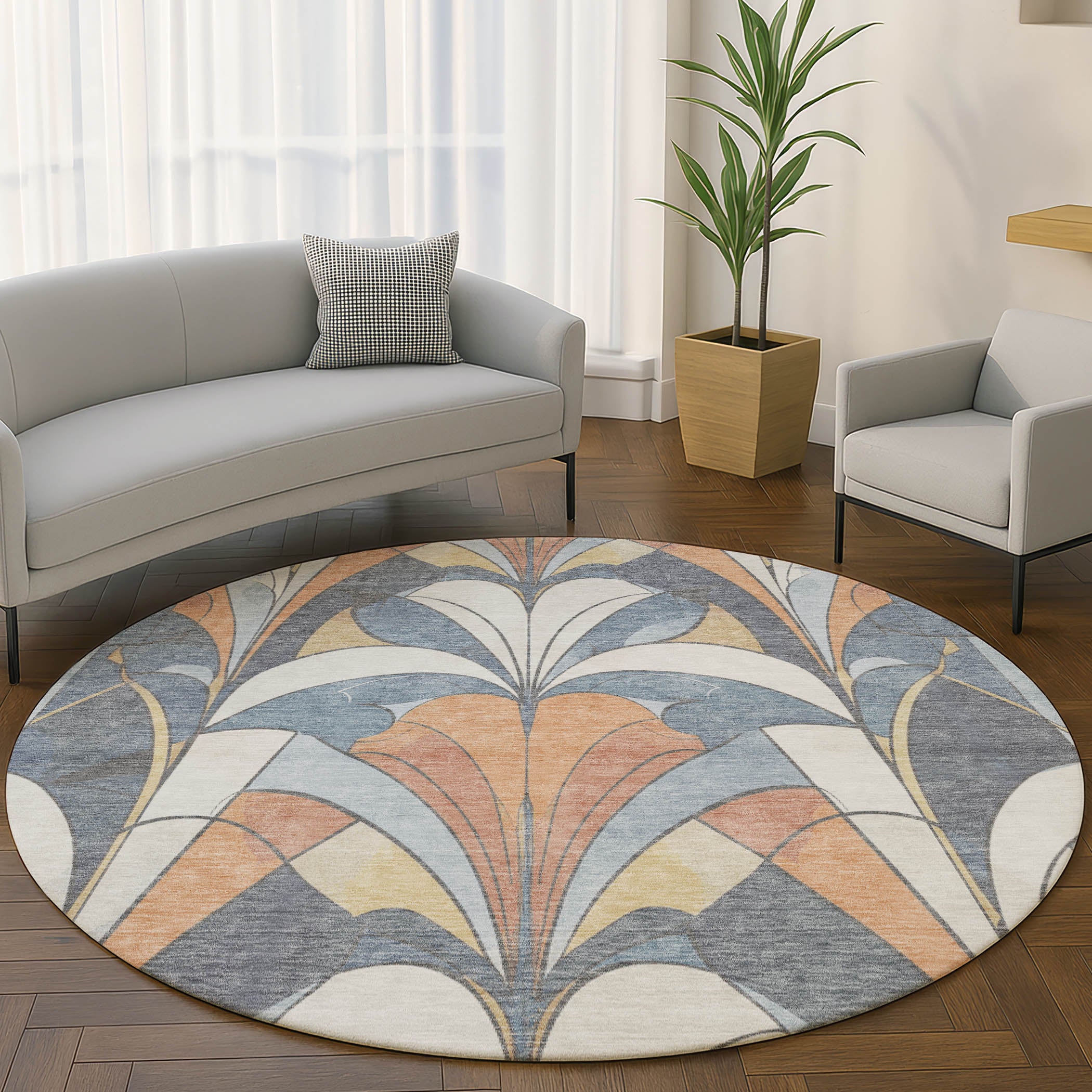 Kotor Machine Washable Transitional Denim Blue Rug 8' x 8' #shape_Round