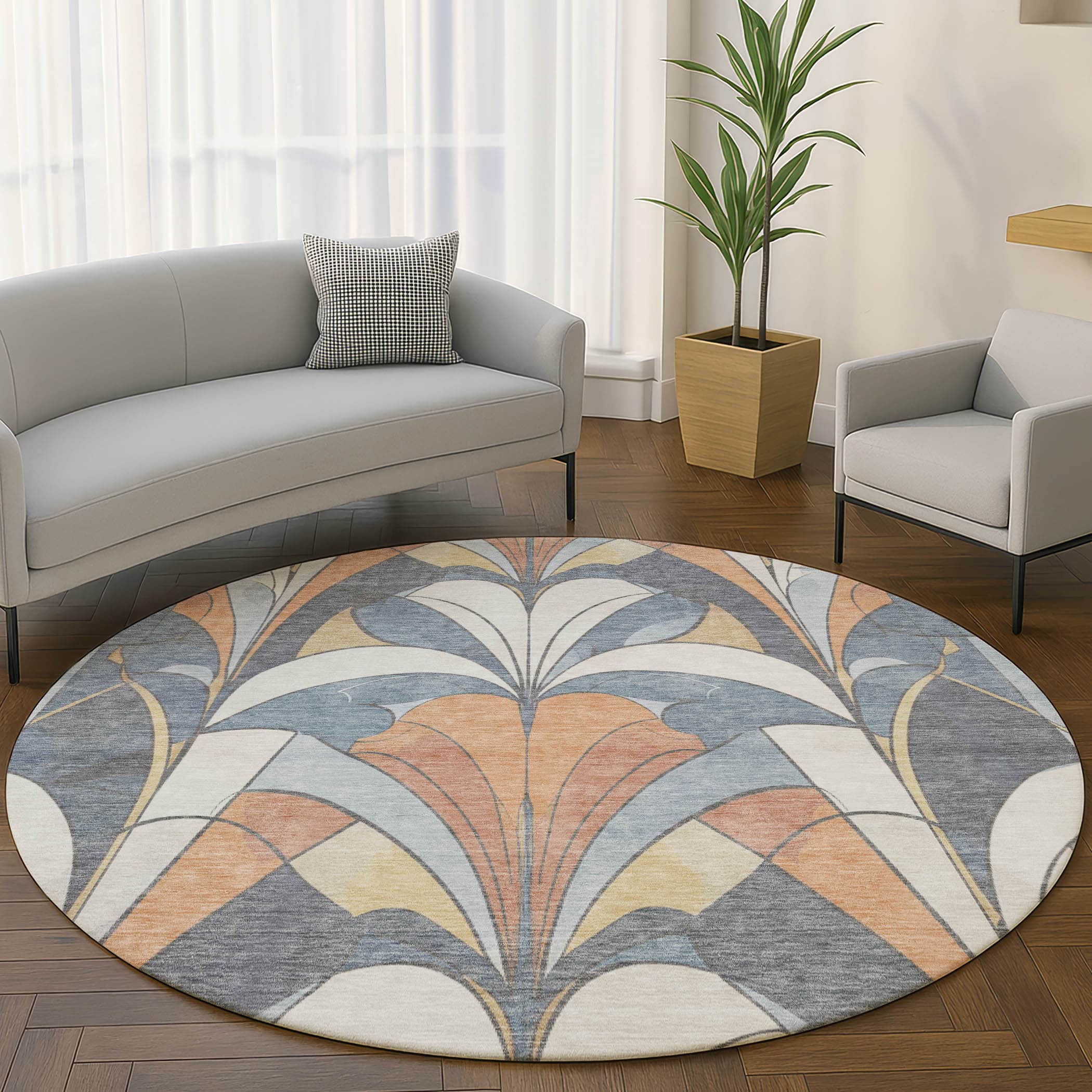 Kotor Machine Washable Transitional Denim Blue Rug 8' x 8' #shape_Round
