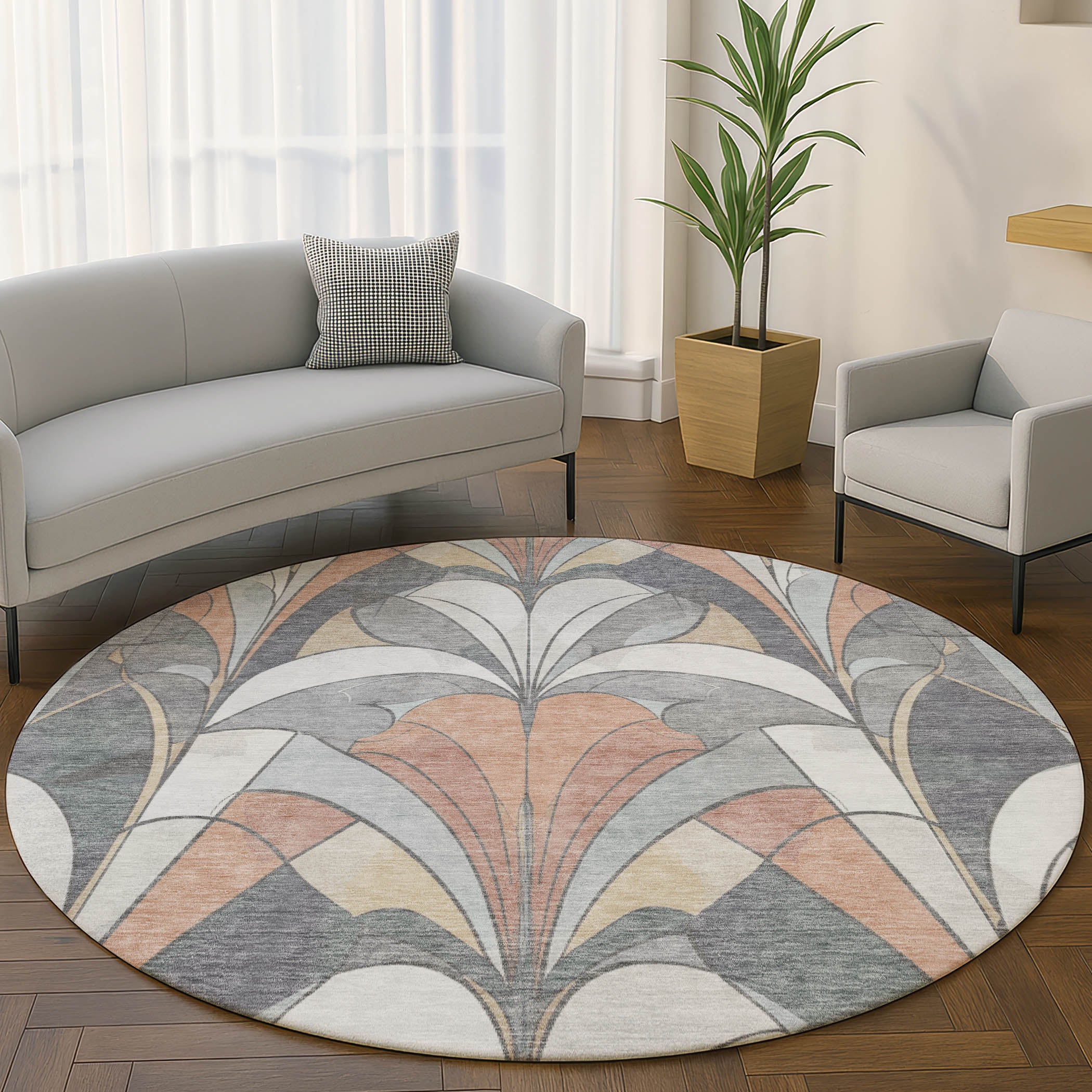 Kotor Machine Washable Transitional Gray Rug 8' x 8' #shape_Round