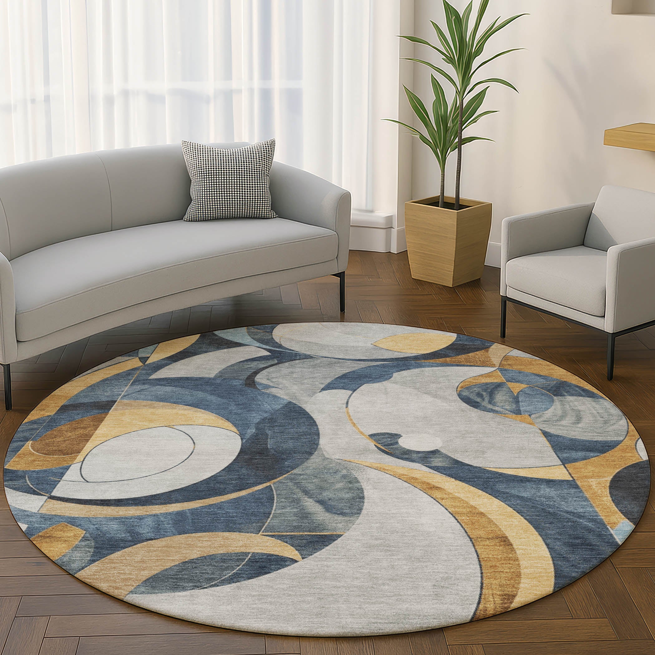 Seoul Machine Washable Transitional Blue Rug 8' x 8' #shape_Round
