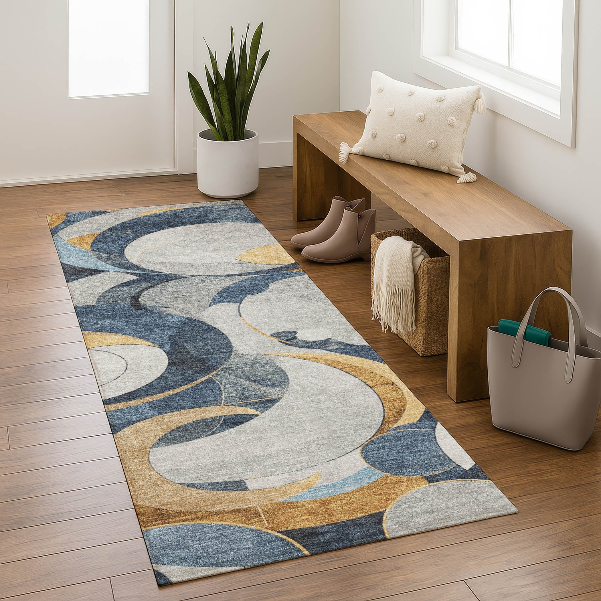 Seoul Machine Washable Transitional Blue Rug 2'3" x 7'6" #shape_Runner