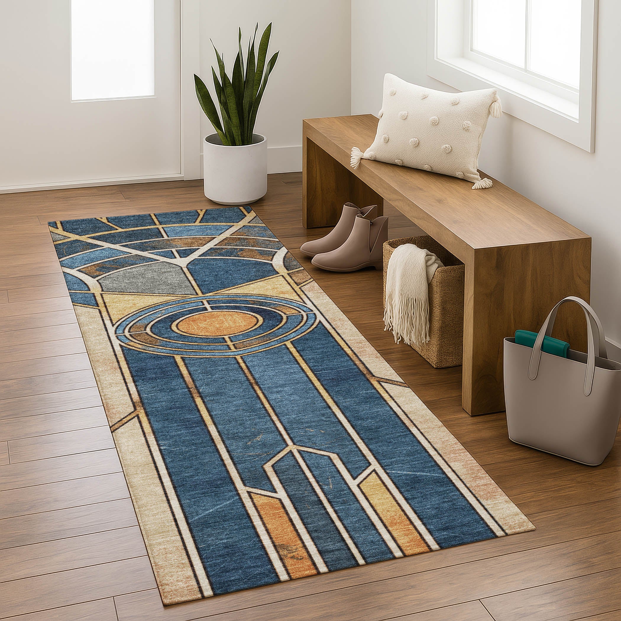 Oslo Machine Washable Transitional Blue Rug 2'3" x 7'6" #shape_Runner