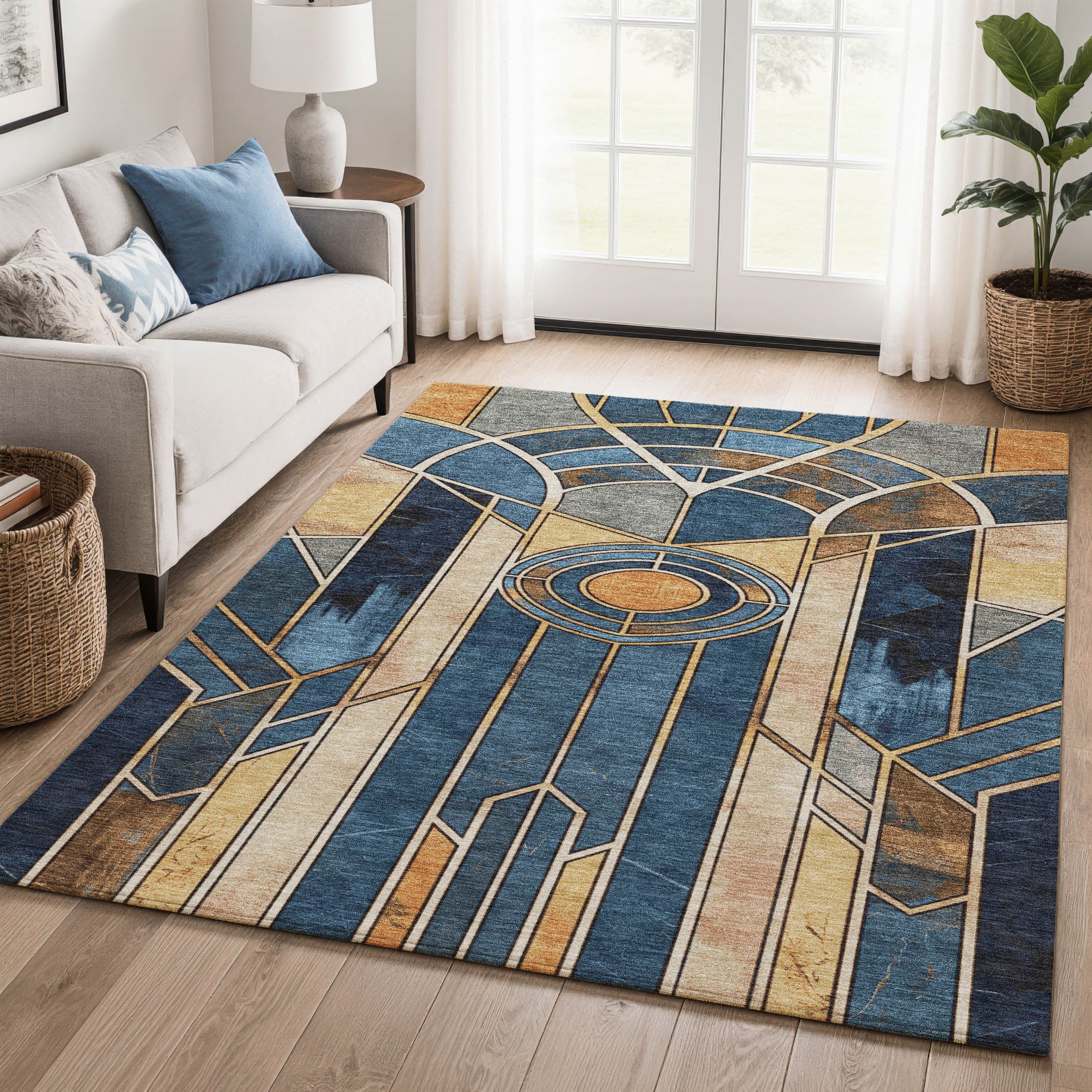 Oslo Machine Washable Transitional Blue Rug 2'6" x 3'10" #shape_Rectangle