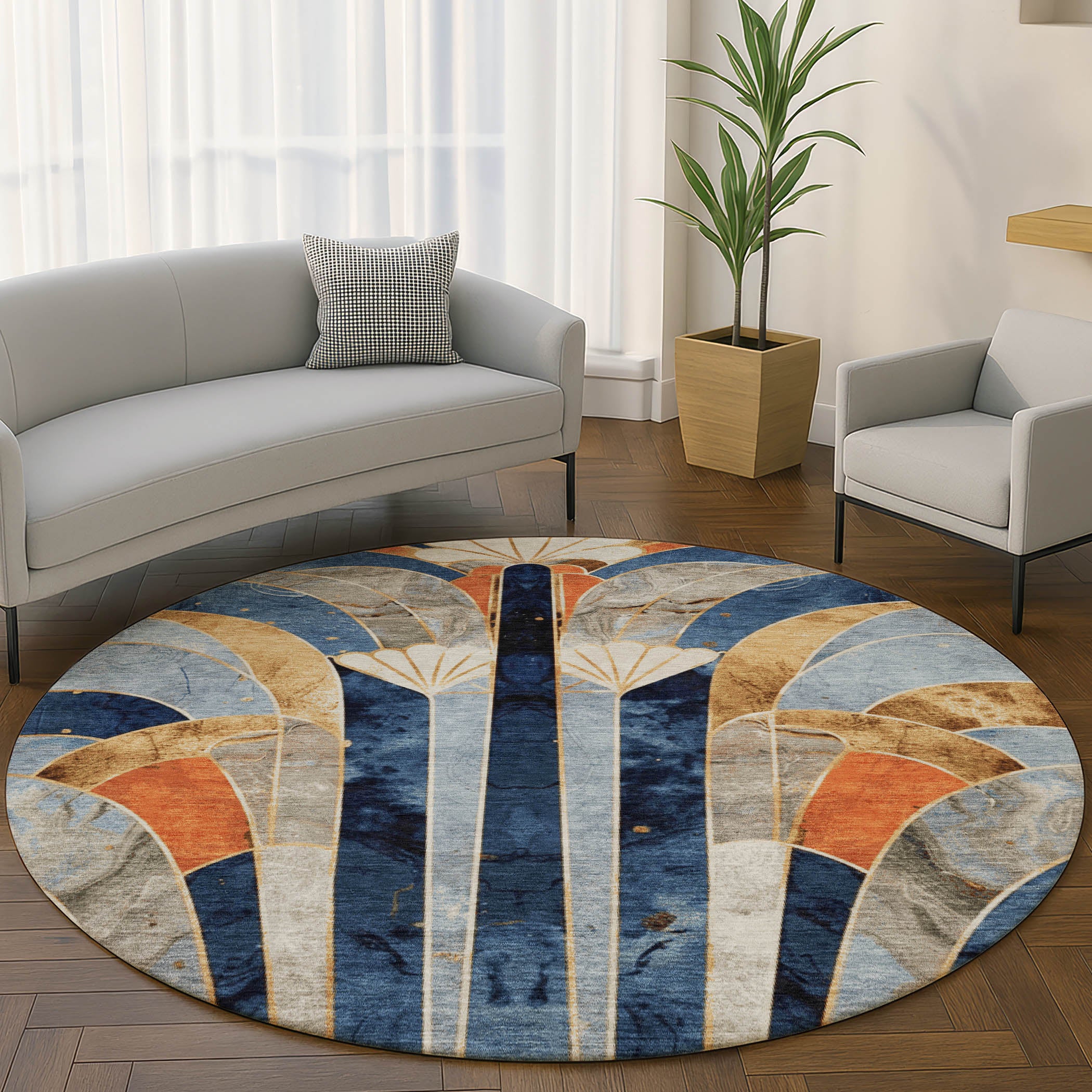 Kathmandu Machine Washable Transitional Navy Blue Rug 8' x 8' #shape_Round