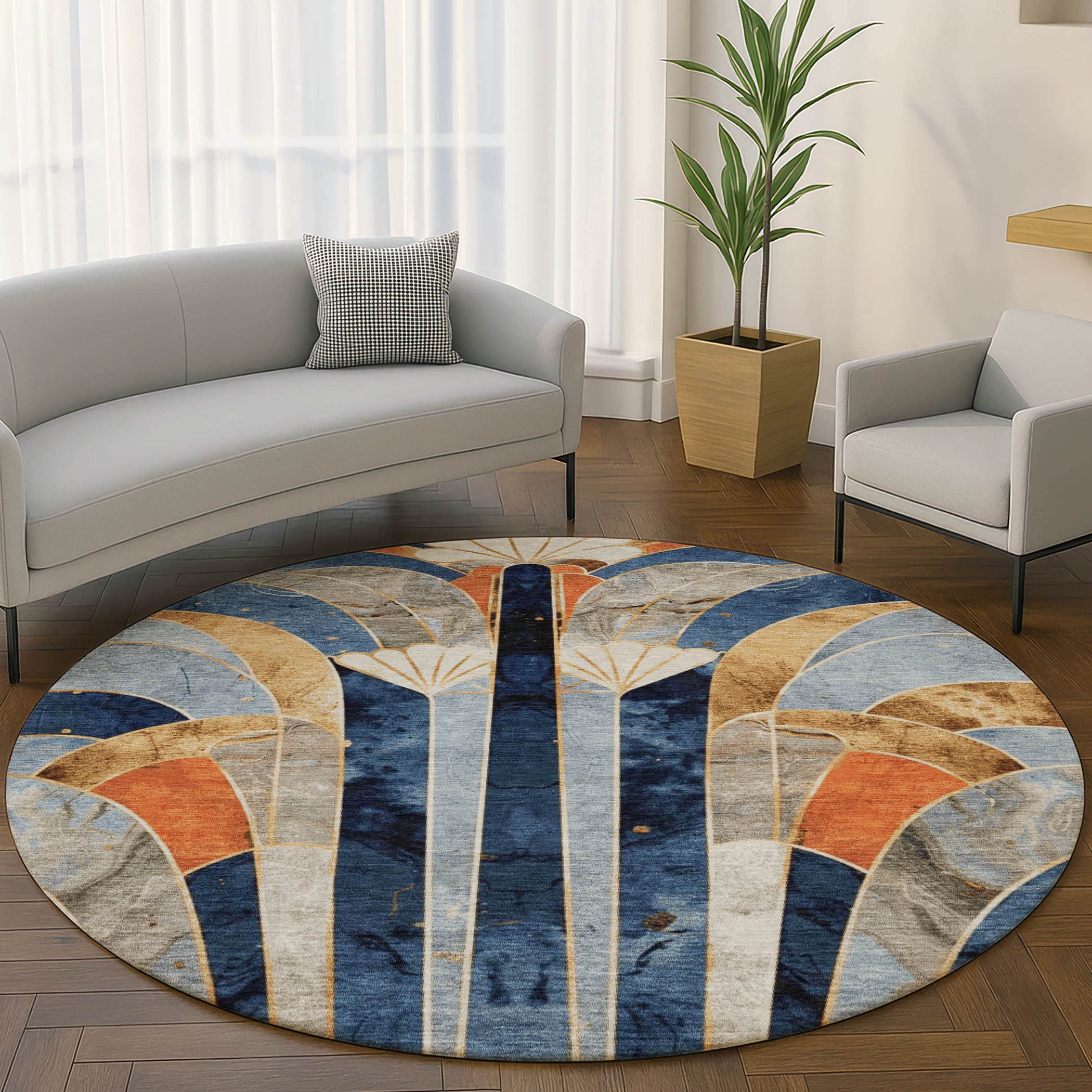 Kathmandu Machine Washable Transitional Navy Blue Rug 8' x 8' #shape_Round