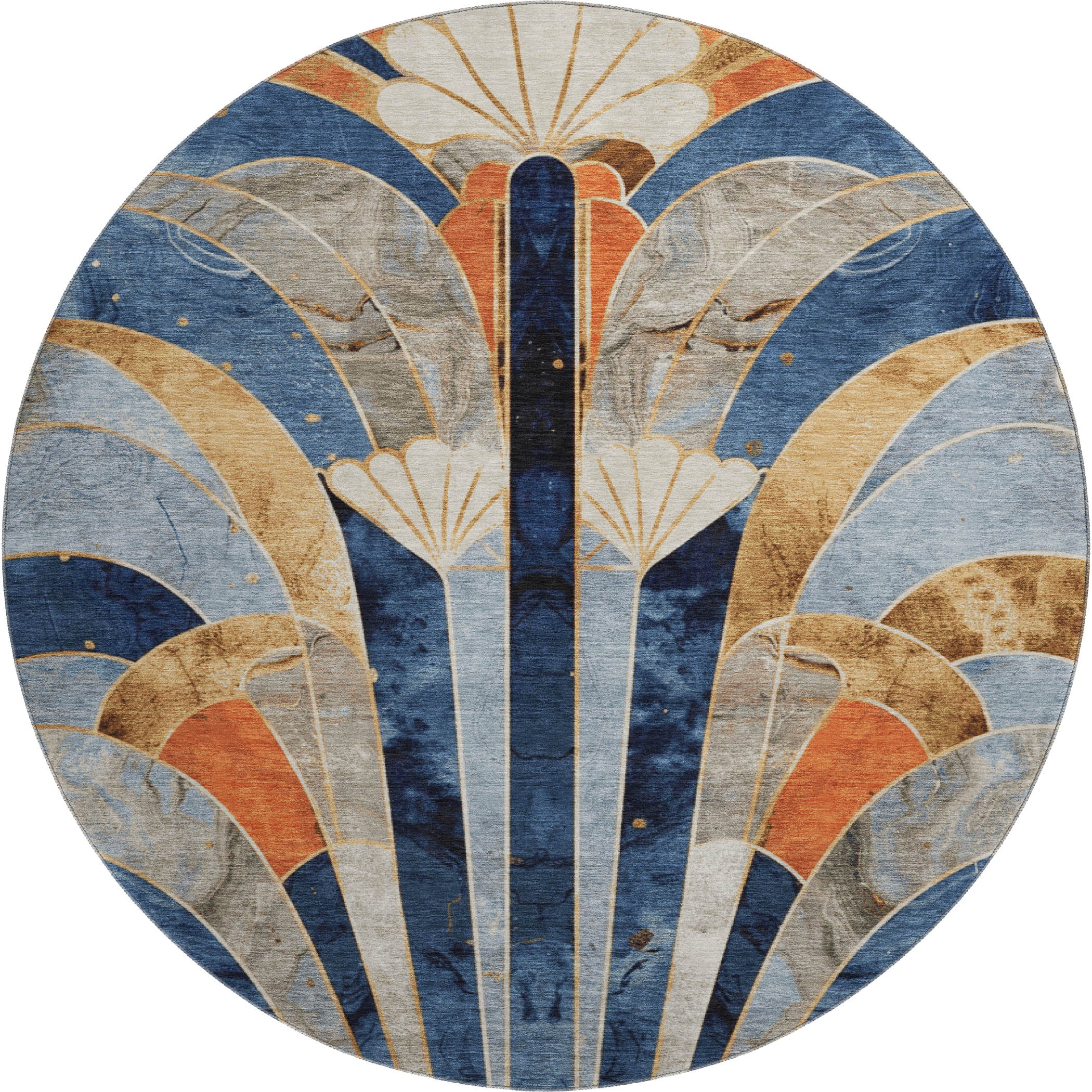 Kathmandu Machine Washable Transitional Navy Blue Rug 8' x 8' #shape_Round