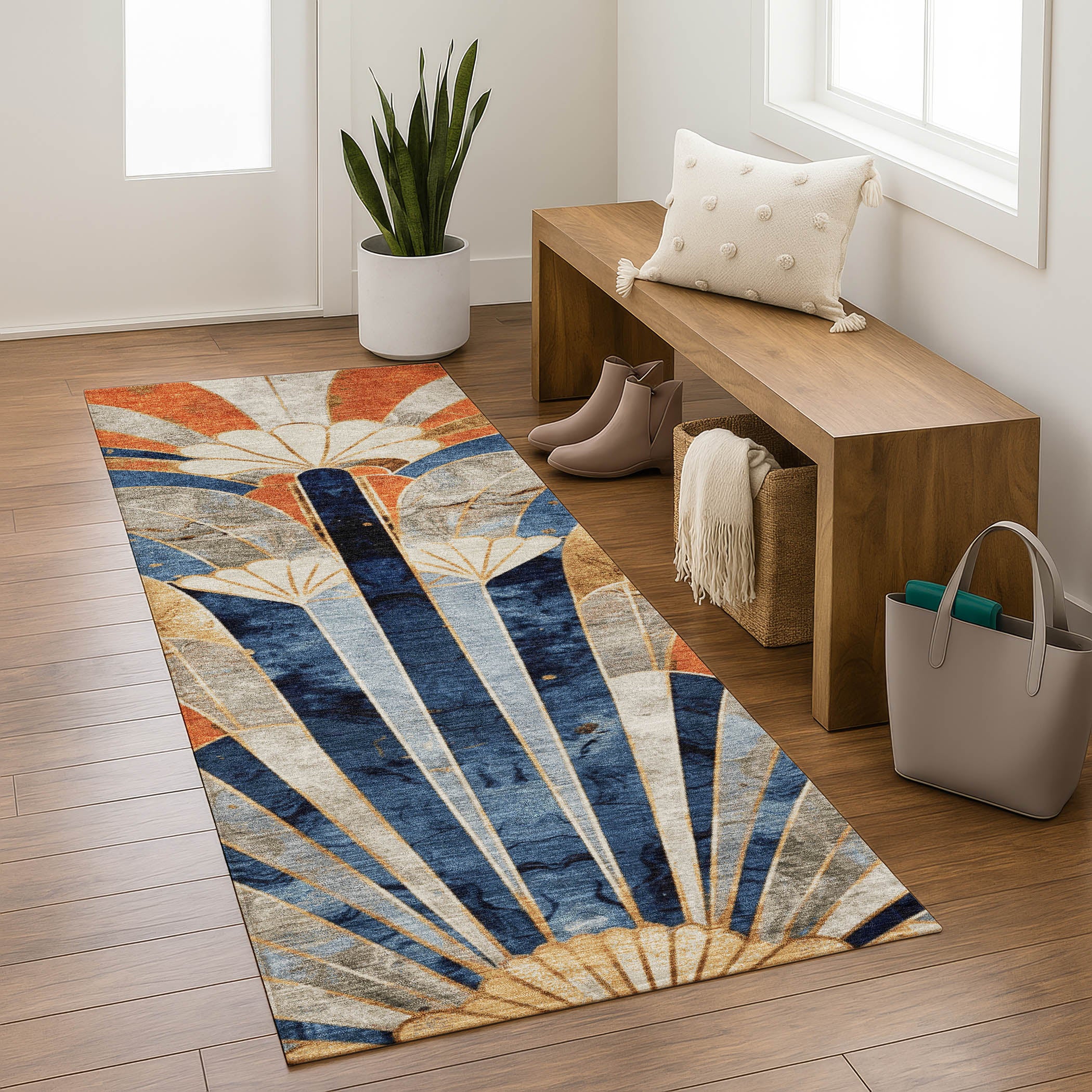 Kathmandu Machine Washable Transitional Navy Blue Rug 2'3" x 7'6" #shape_Runner