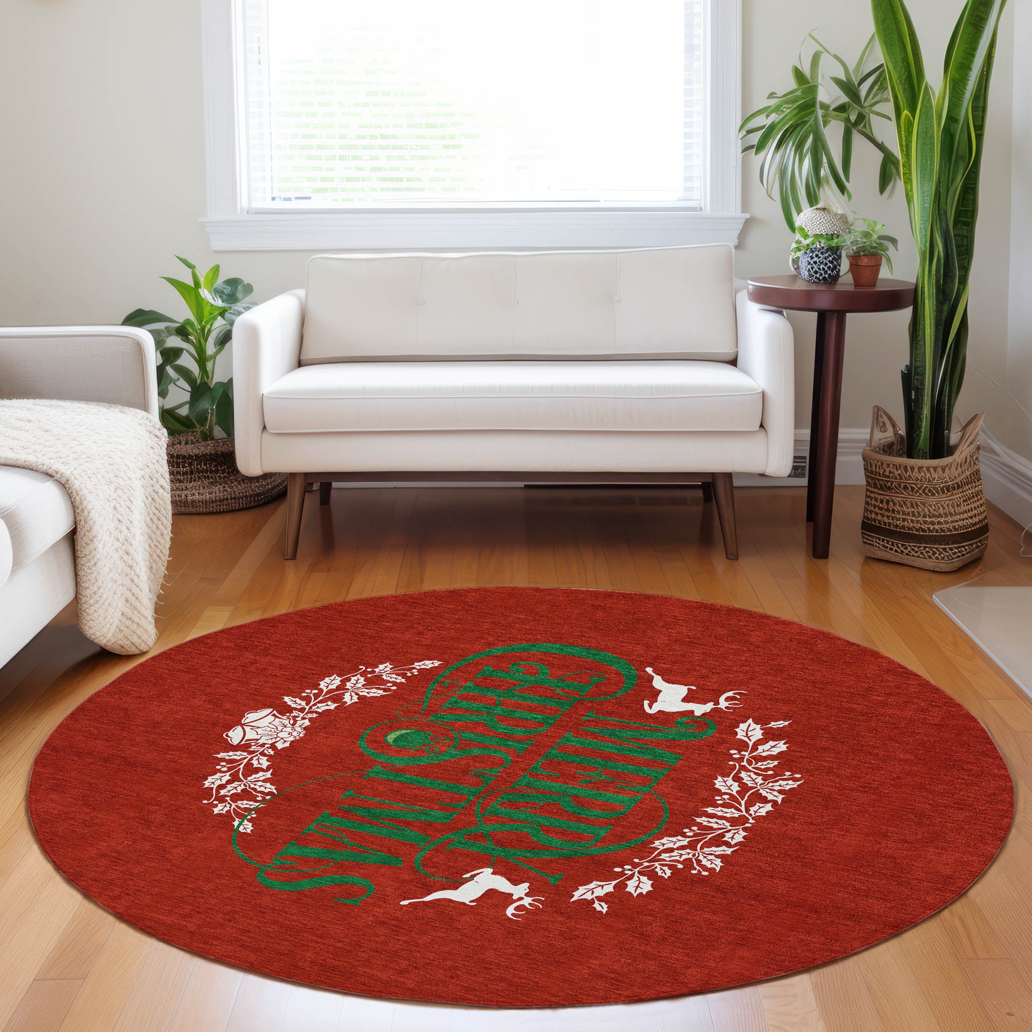 Bogota Machine Washable Holiday Ruby Red Rug 8' x 8' #shape_Round