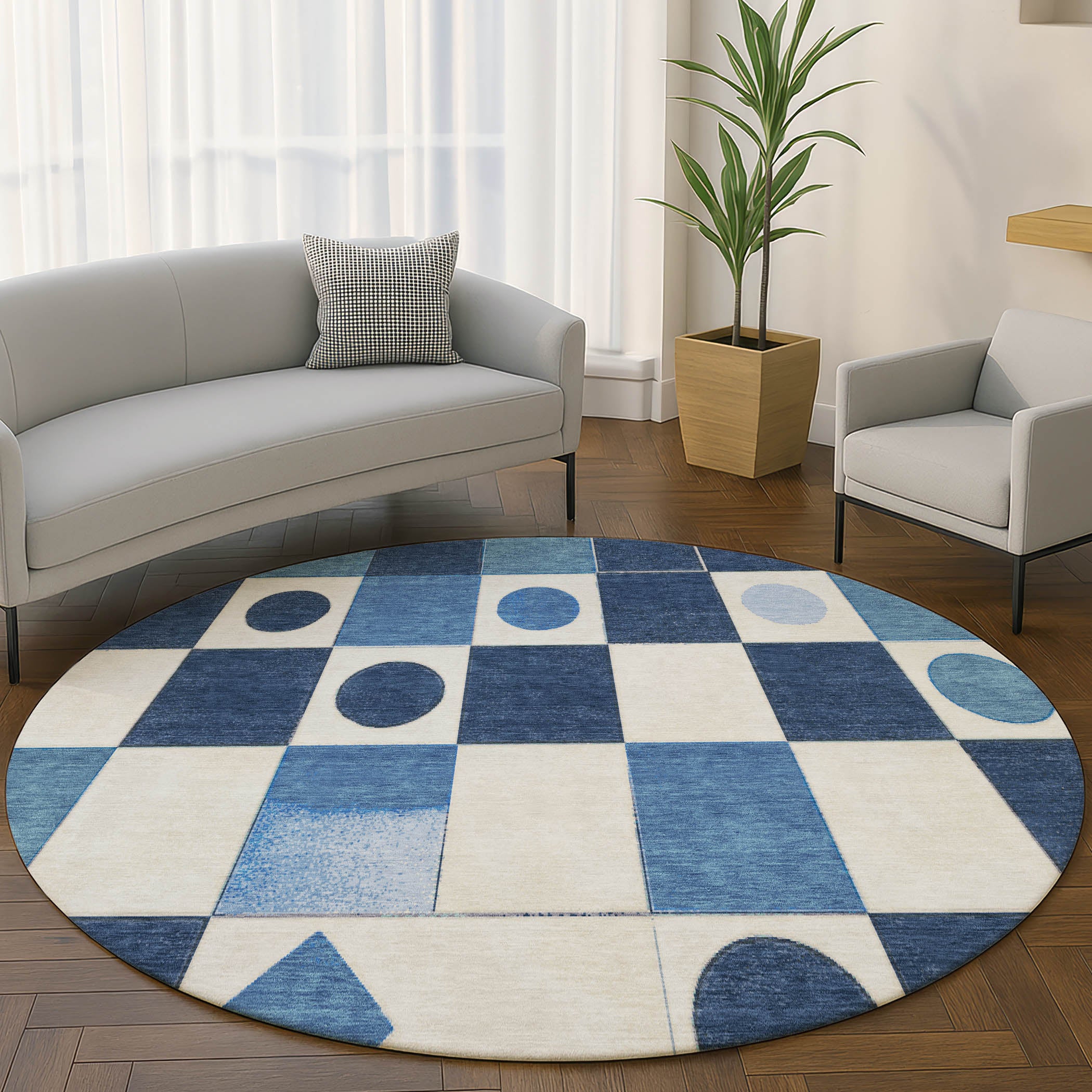 Istanbul Machine Washable Transitional Blue Rug 8' x 8' #shape_Round