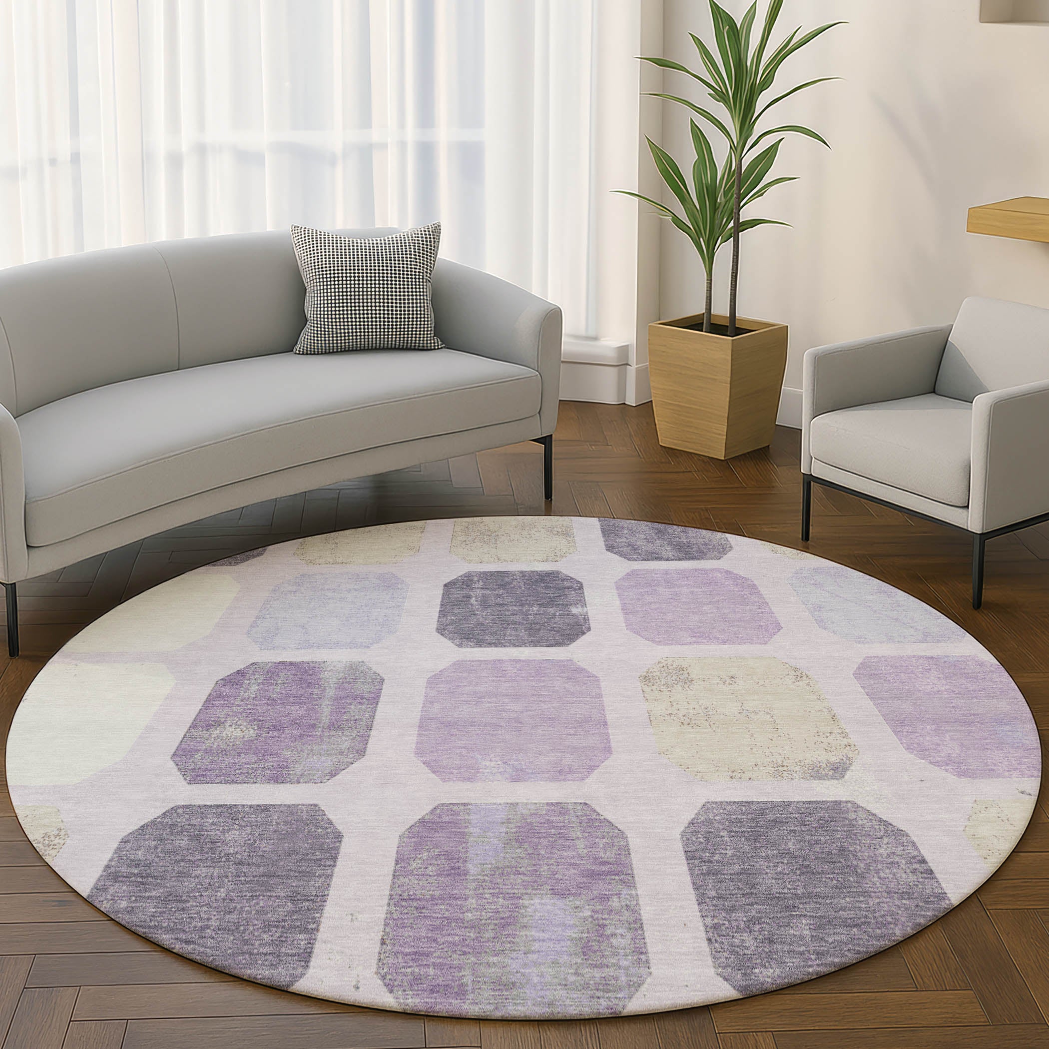 Dublin Machine Washable Transitional Lavender Purple Rug 8' x 8' #shape_Round