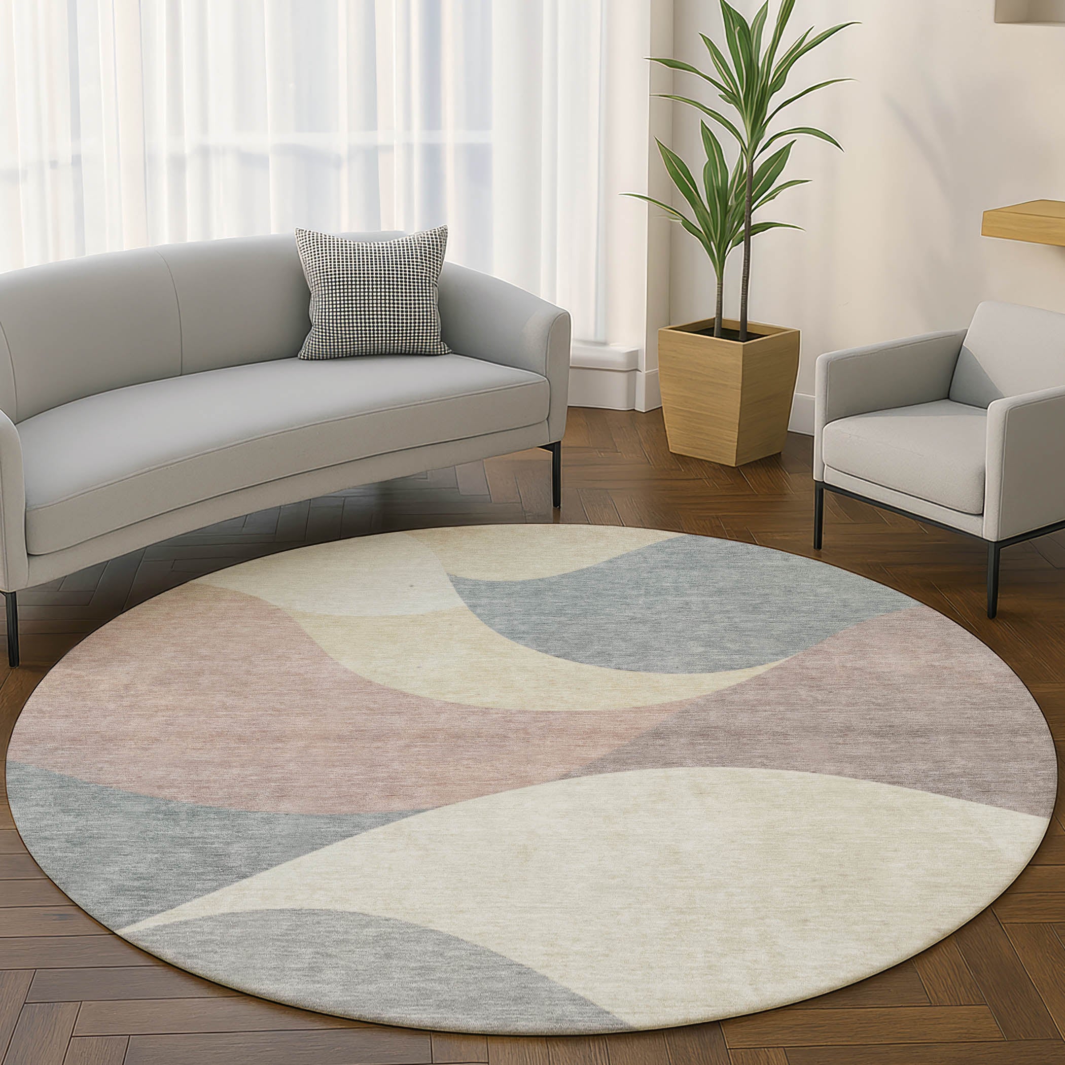 Cusco Machine Washable Transitional Beige Brown Rug 8' x 8' #shape_Round