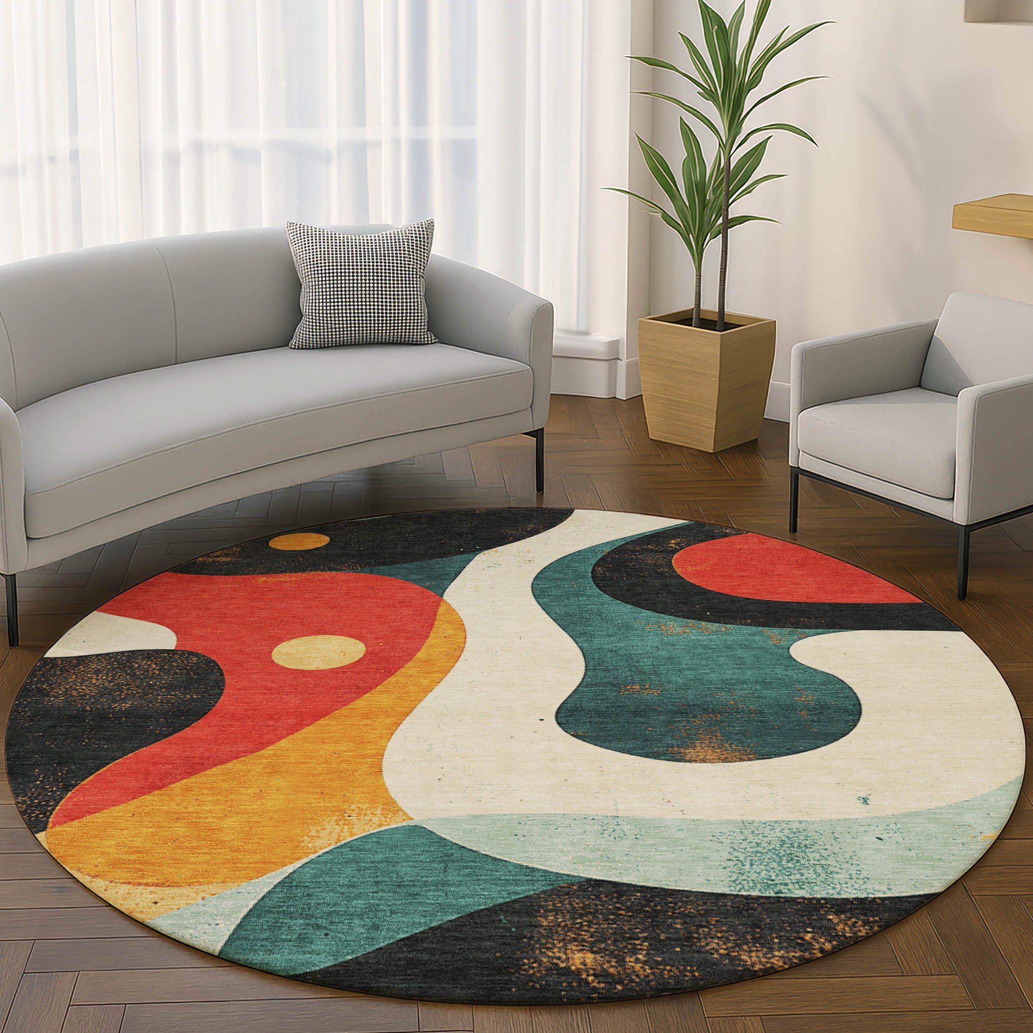 Tallinn Machine Washable Transitional Red Rug 8' x 8' #shape_Round