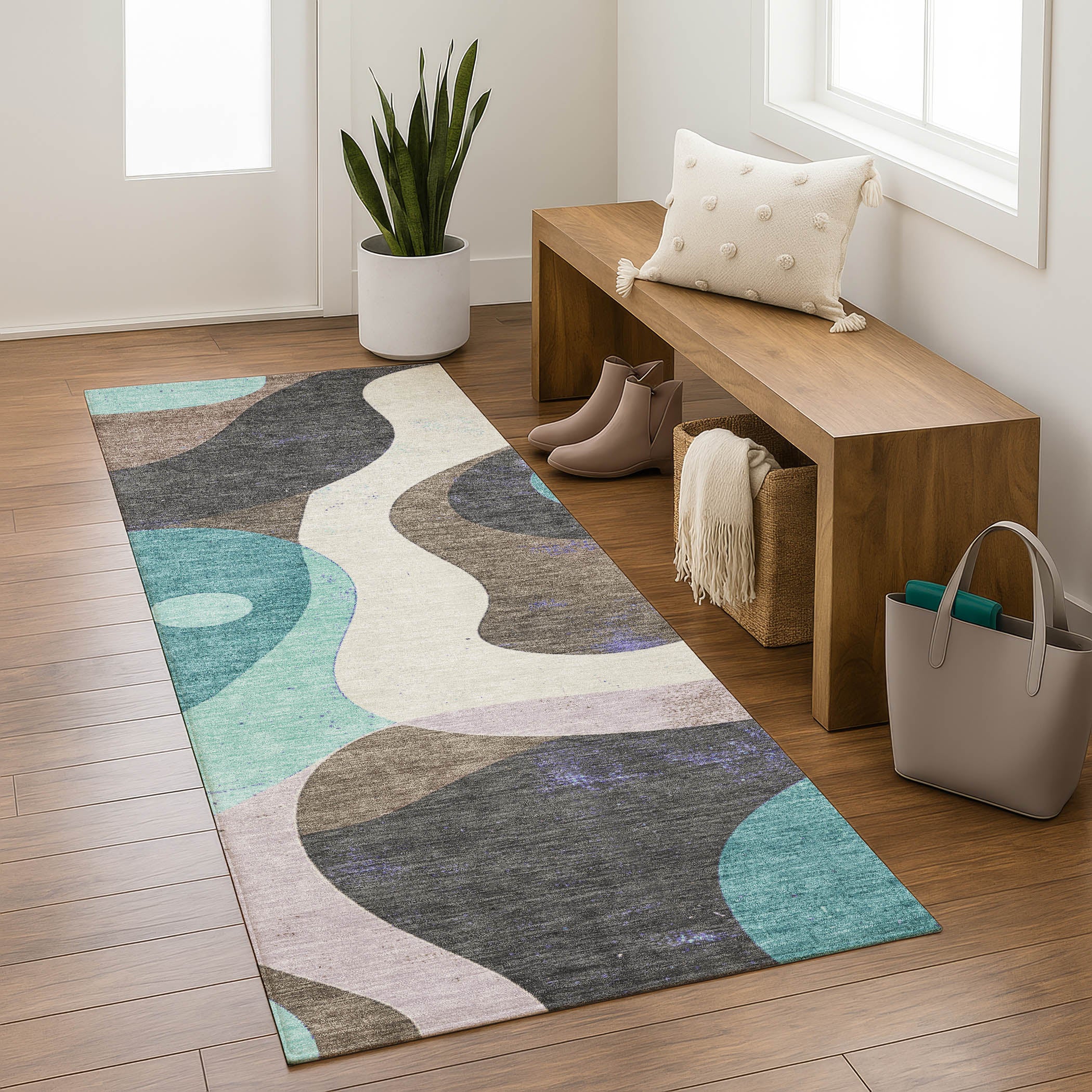Tallinn Machine Washable Transitional Teal Rug 2'3" x 7'6" #shape_Runner