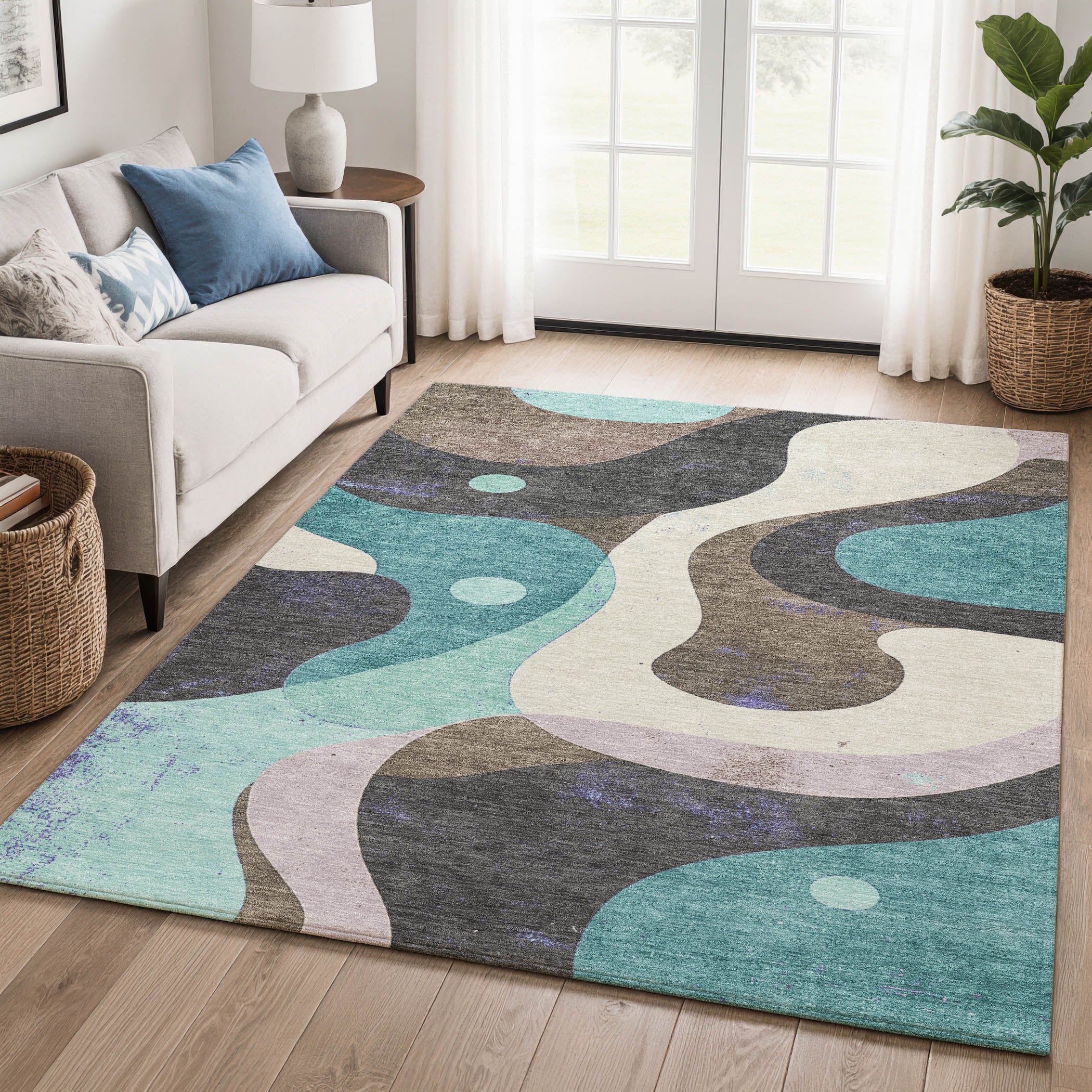 Tallinn Machine Washable Transitional Teal Rug 2'6" x 3'10" #shape_Rectangle