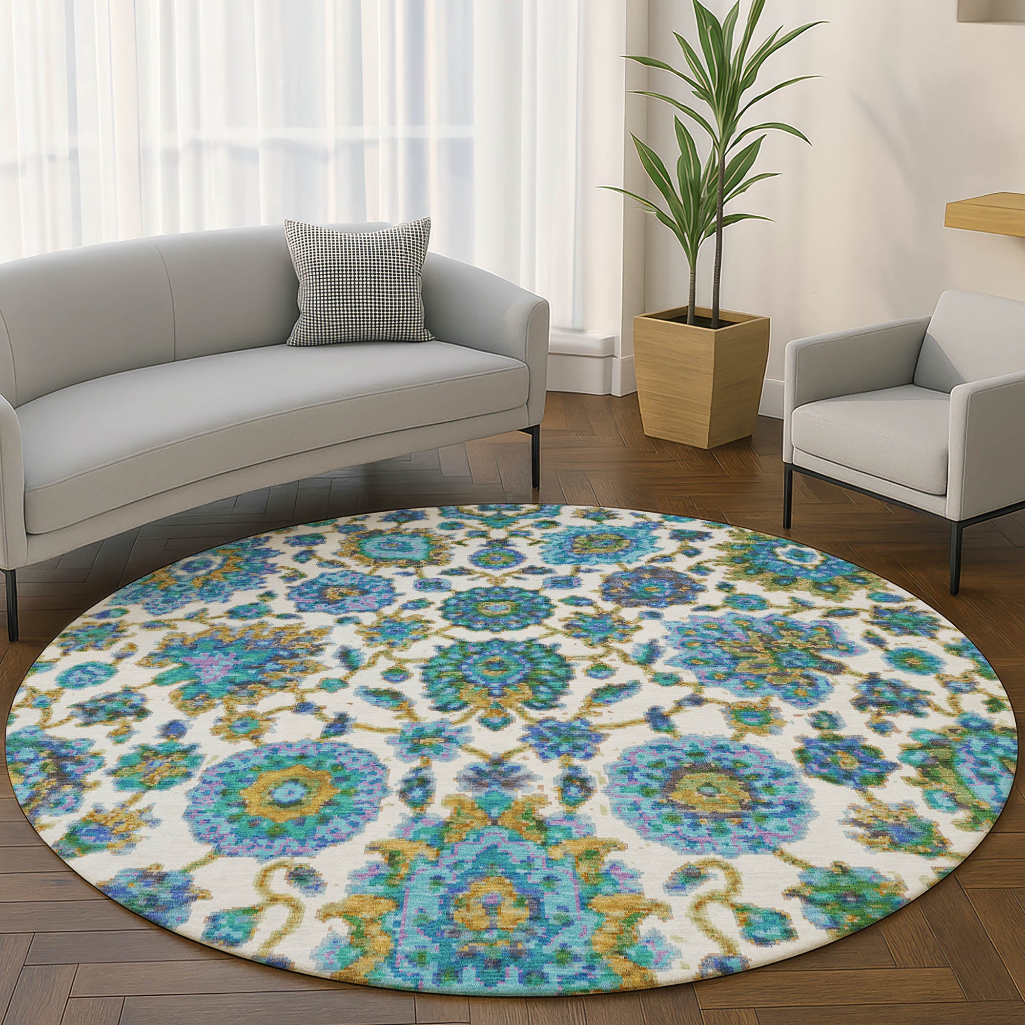 Seoul Machine Washable Traditional Aqua Teal Rug 8' x 8' #shape_Round