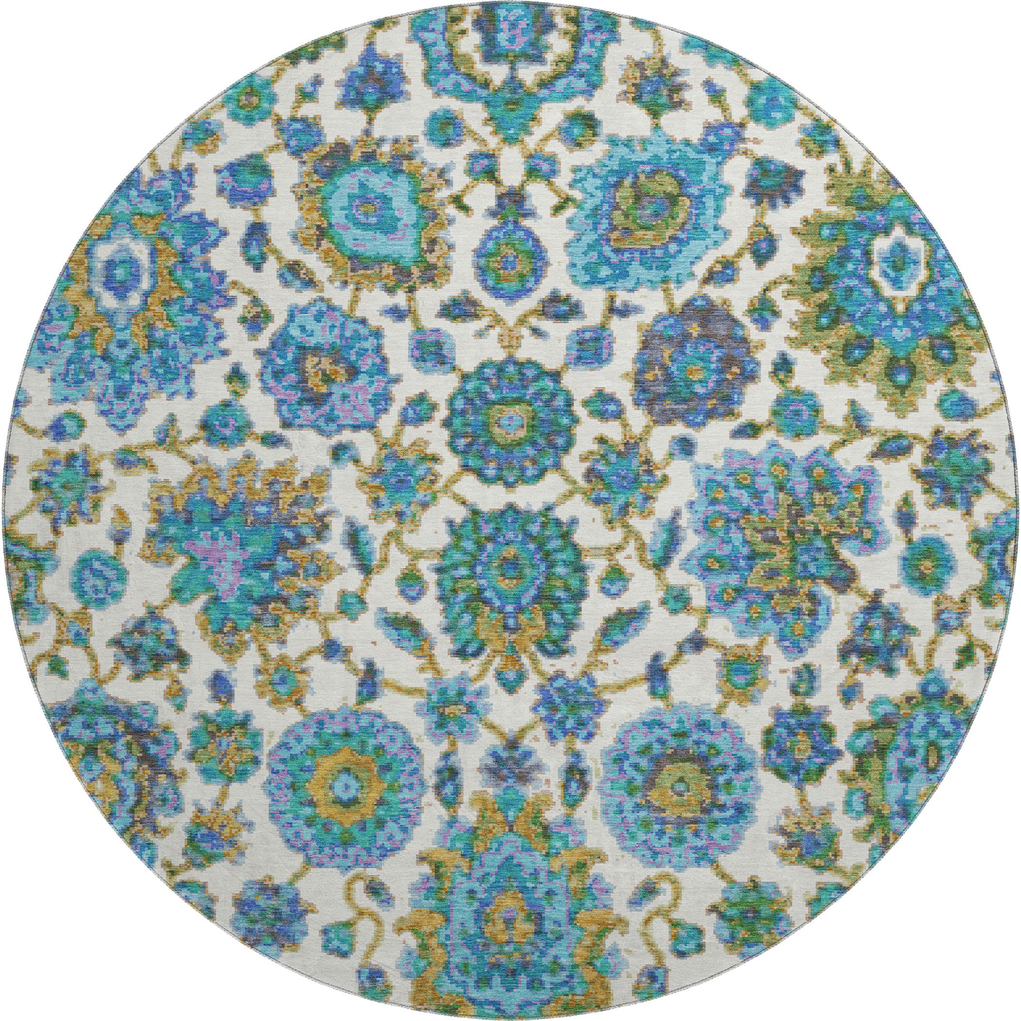 Seoul Machine Washable Traditional Aqua Teal Rug 8' x 8' #shape_Round
