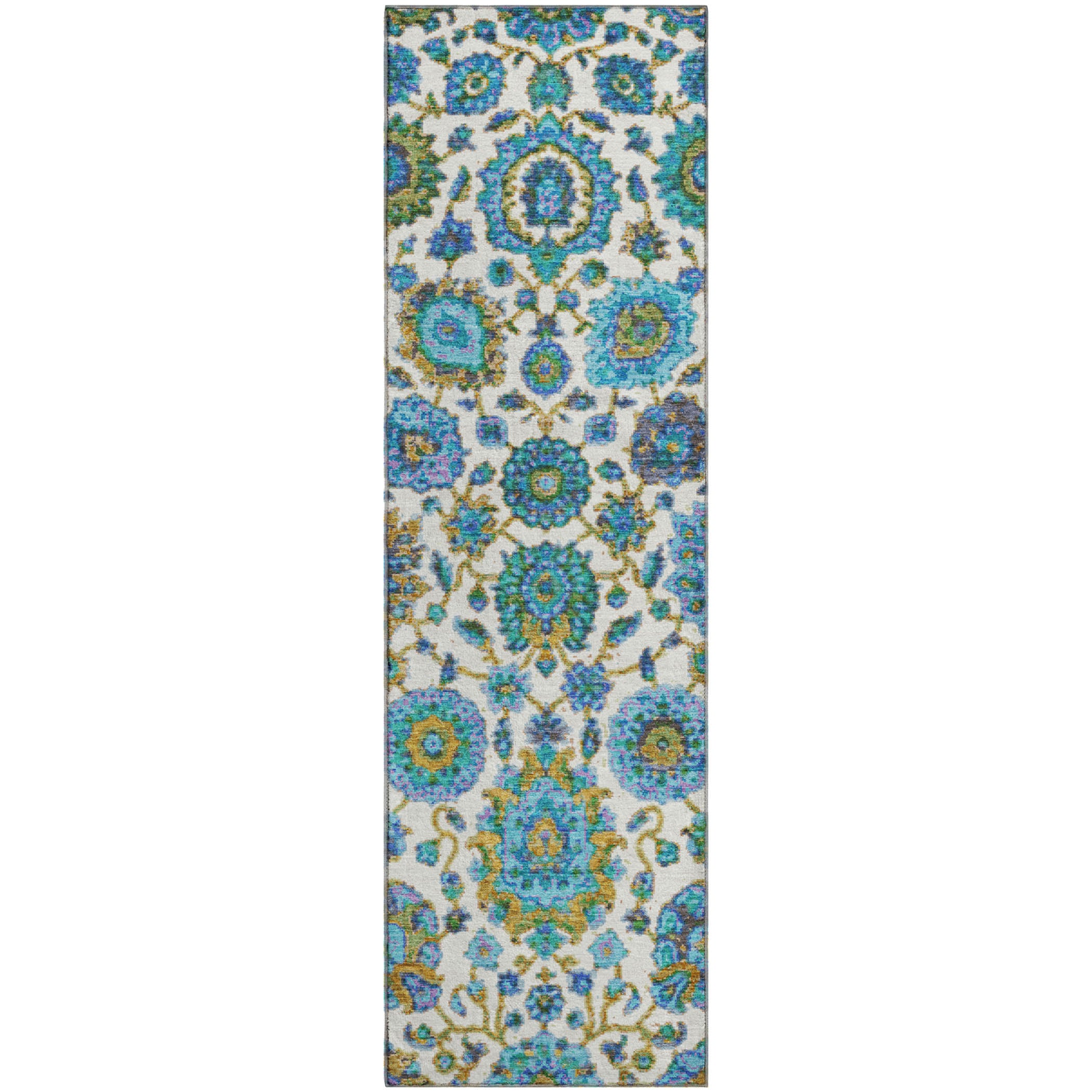 Seoul Machine Washable Traditional Aqua Teal Rug 2'3" x 7'6" #shape_Runner