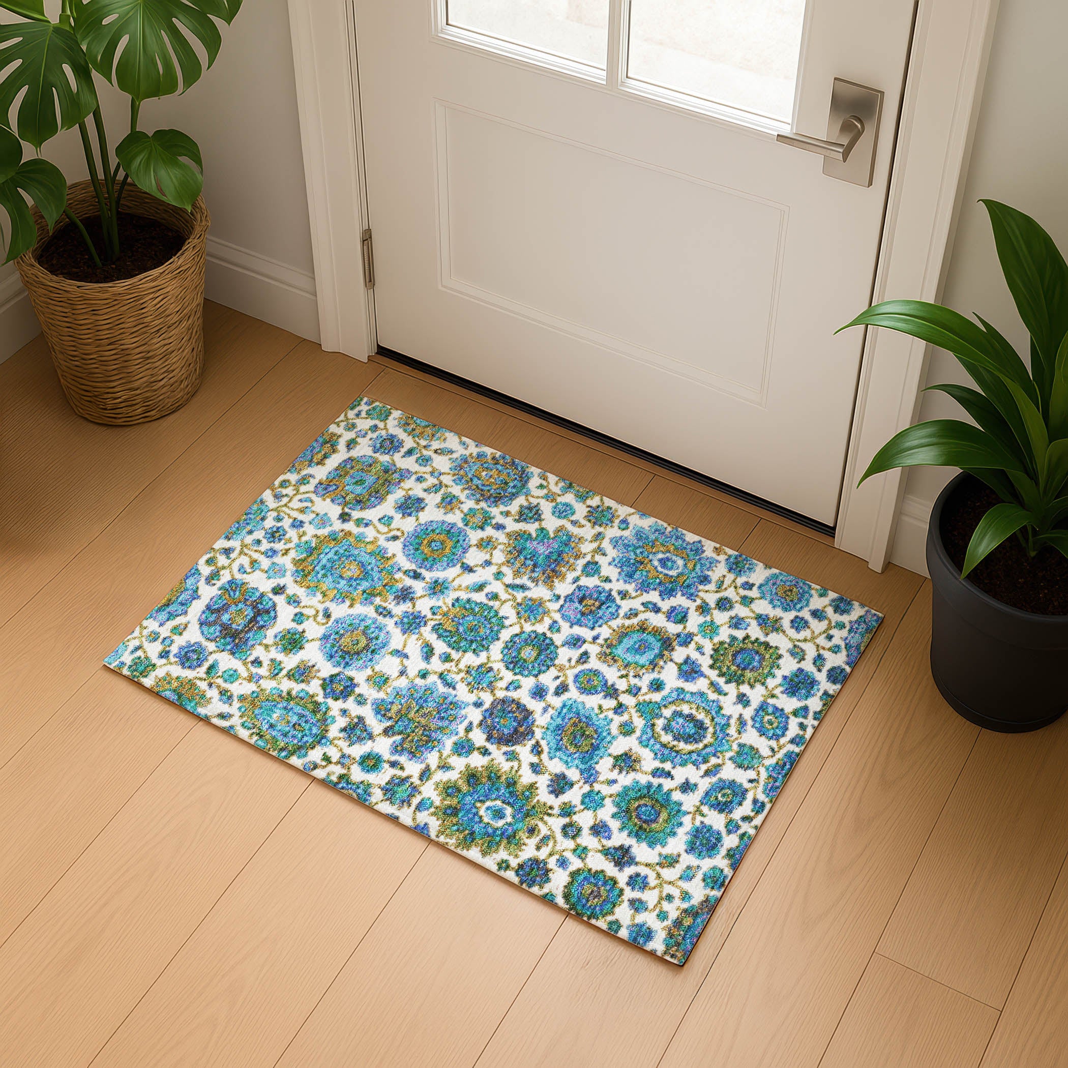 Seoul Machine Washable Traditional Aqua Teal Rug 1'8" x 2'6" #shape_Rectangle
