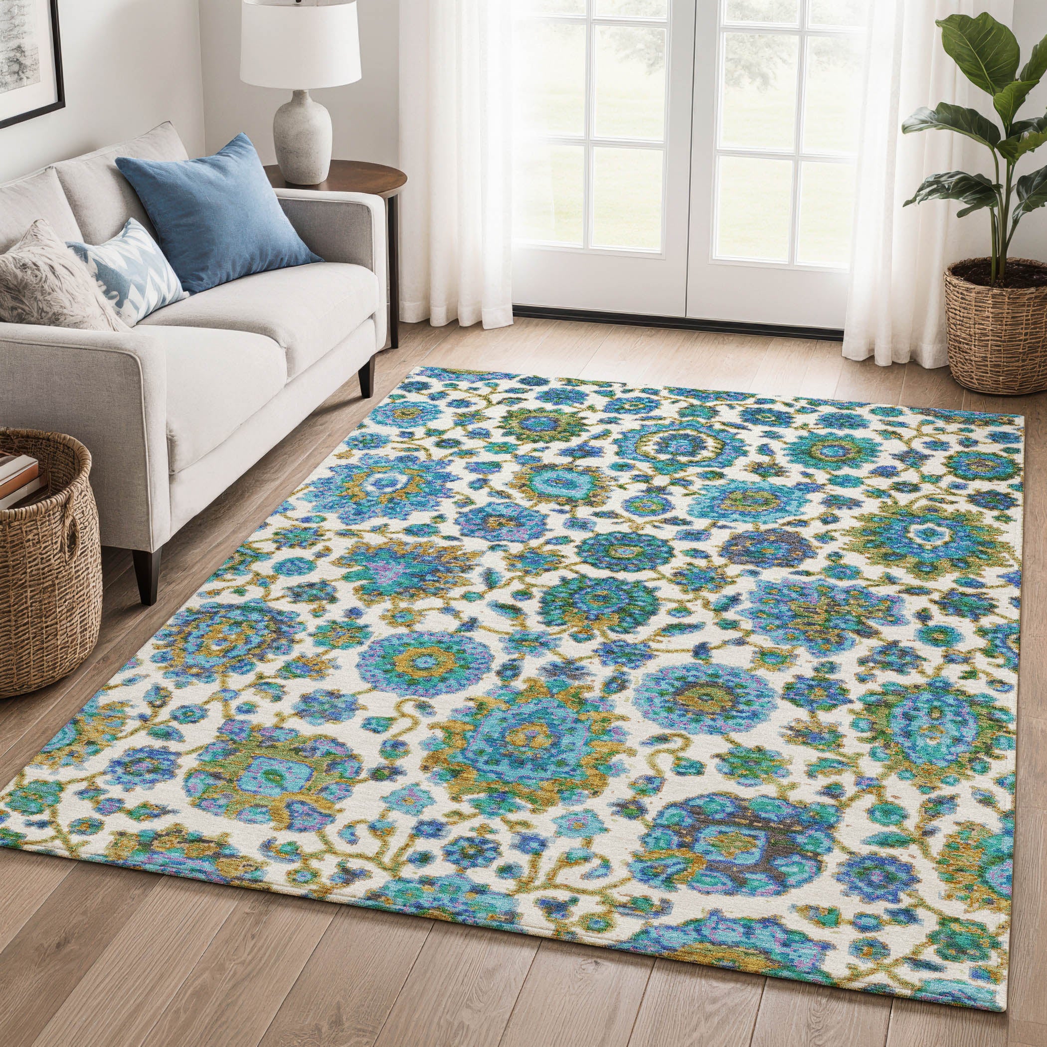 Seoul Machine Washable Traditional Aqua Teal Rug 2'6" x 3'10" #shape_Rectangle