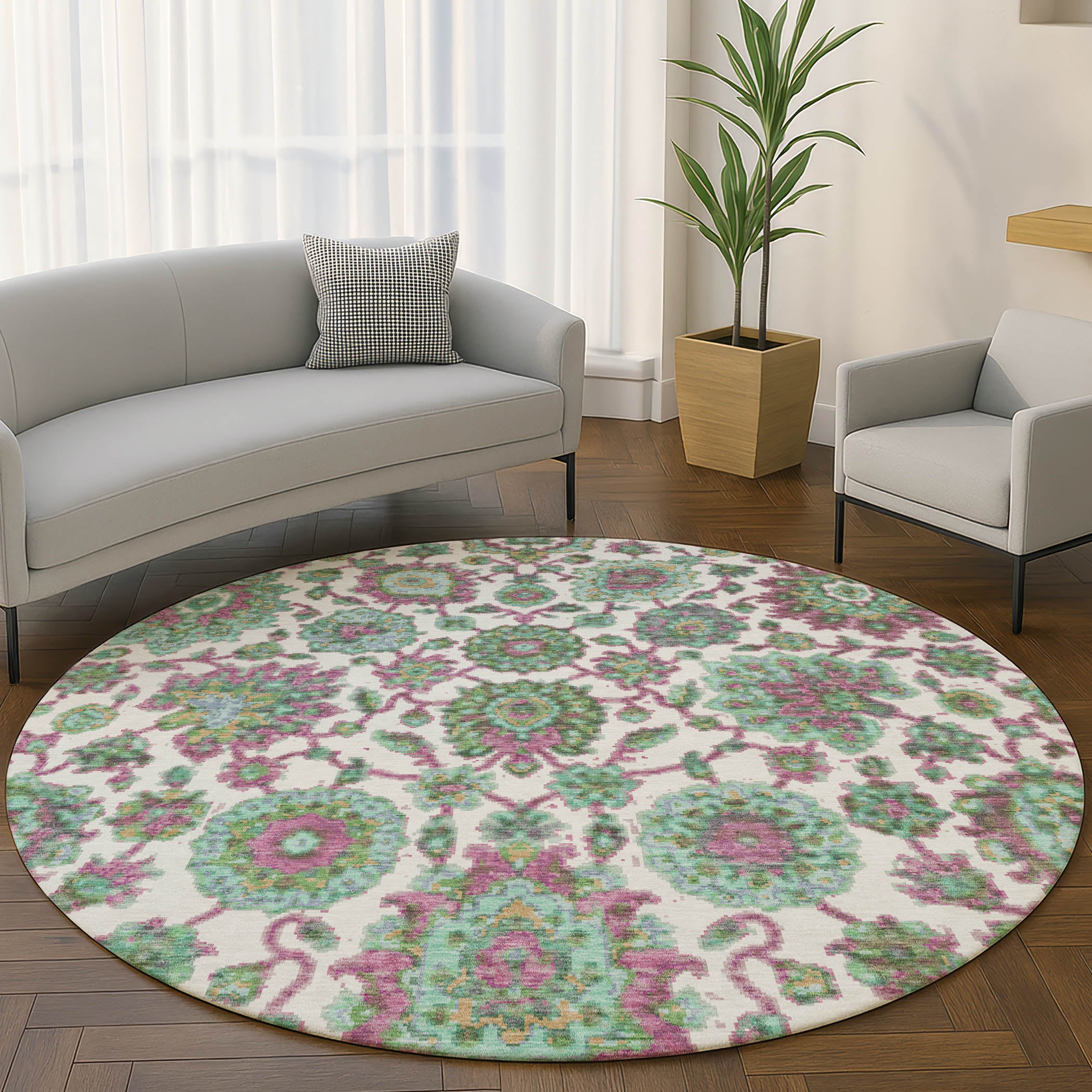 Seoul Machine Washable Traditional Mint Green Rug 8' x 8' #shape_Round