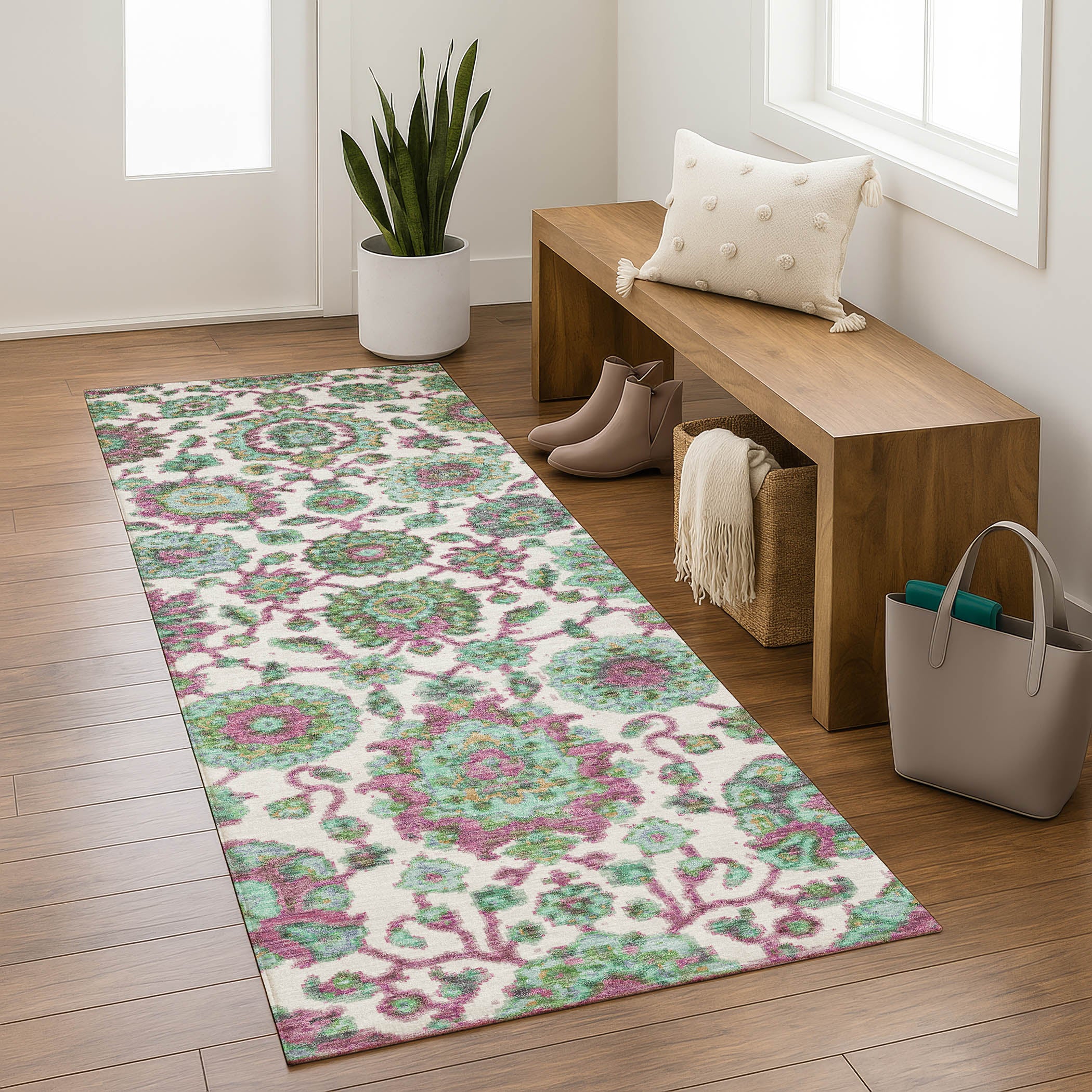 Seoul Machine Washable Traditional Mint Green Rug 2'3" x 7'6" #shape_Runner