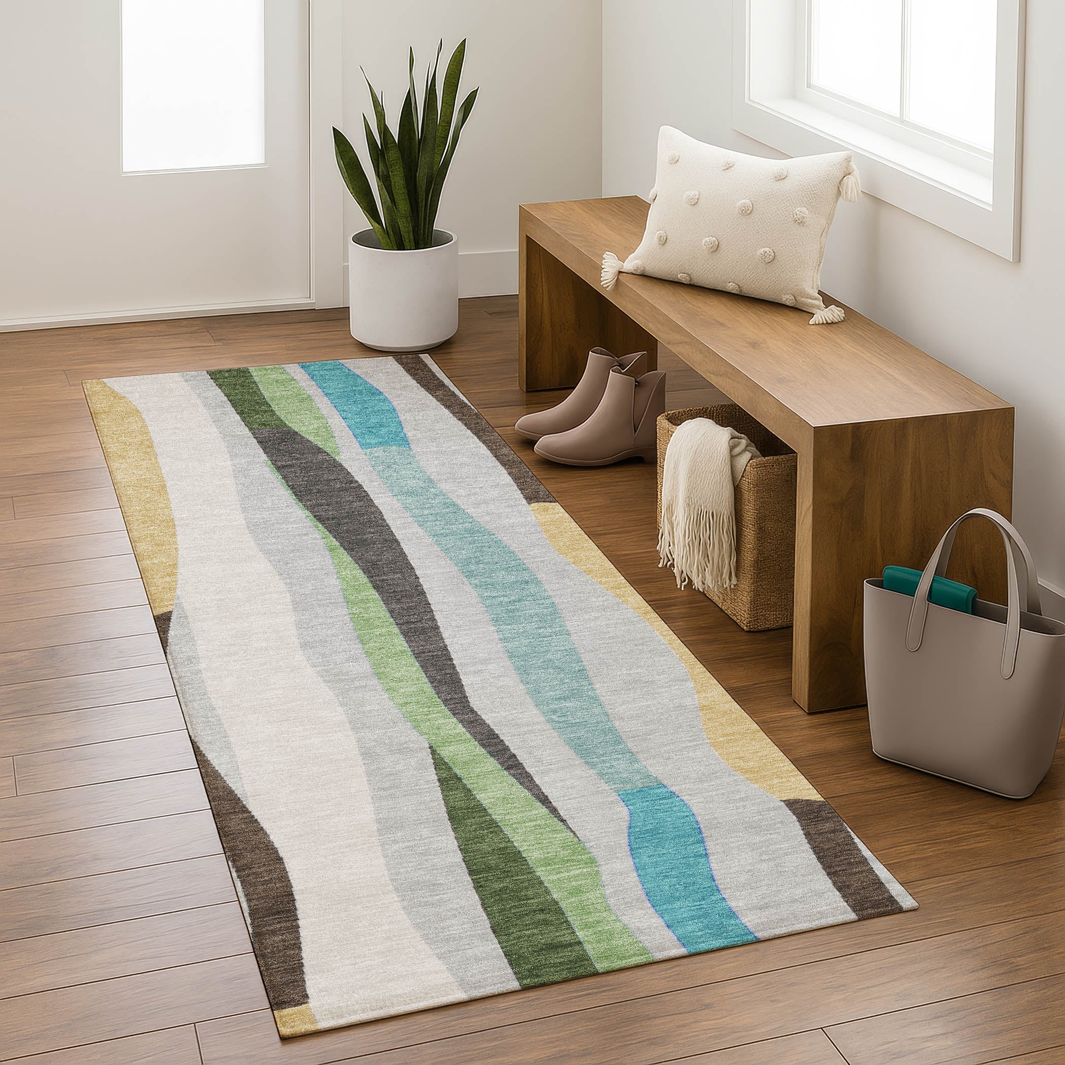 Zanzibar Machine Washable Transitional Green Rug 2'3" x 7'6" #shape_Runner