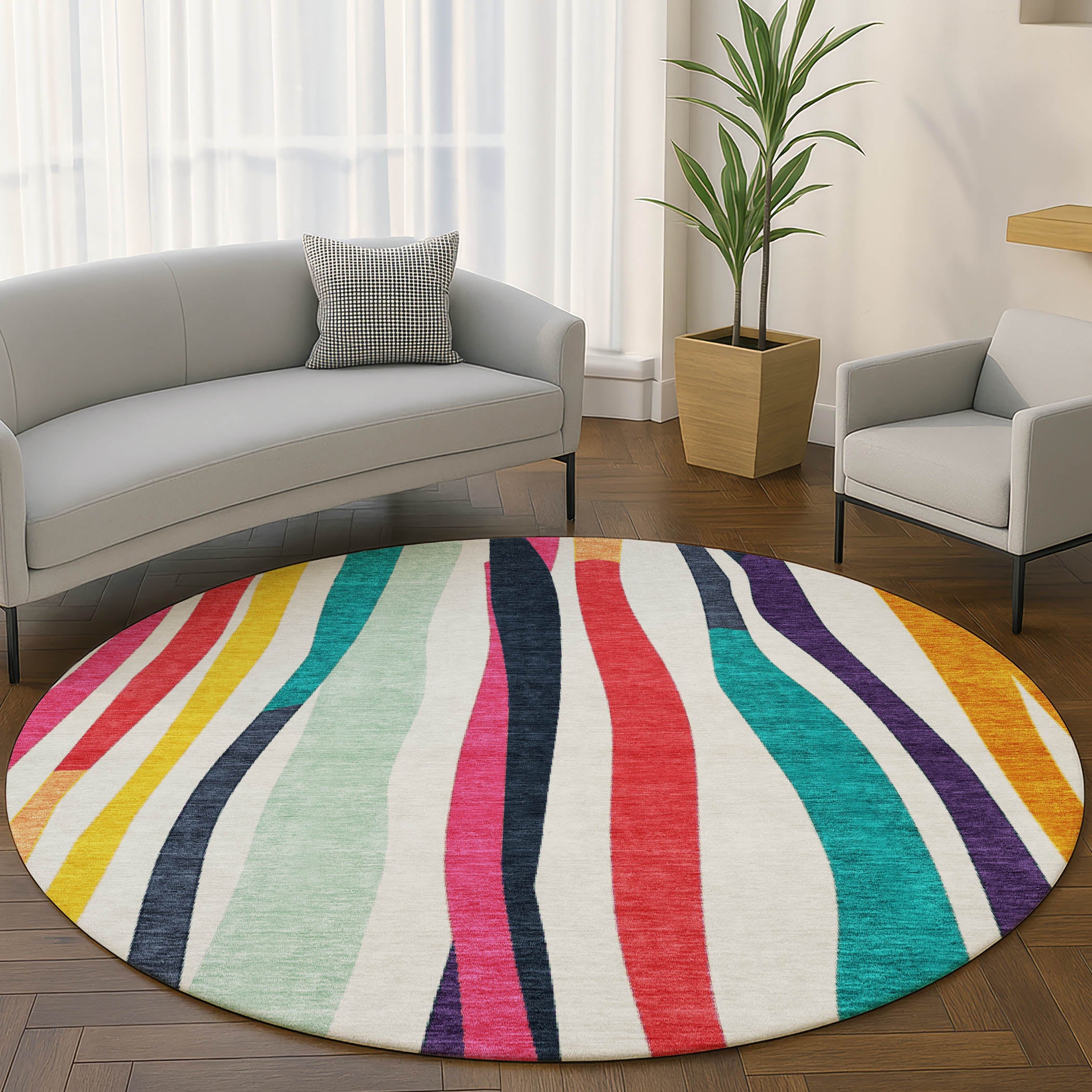 Zanzibar Machine Washable Transitional Ivory Rug 8' x 8' #shape_Round