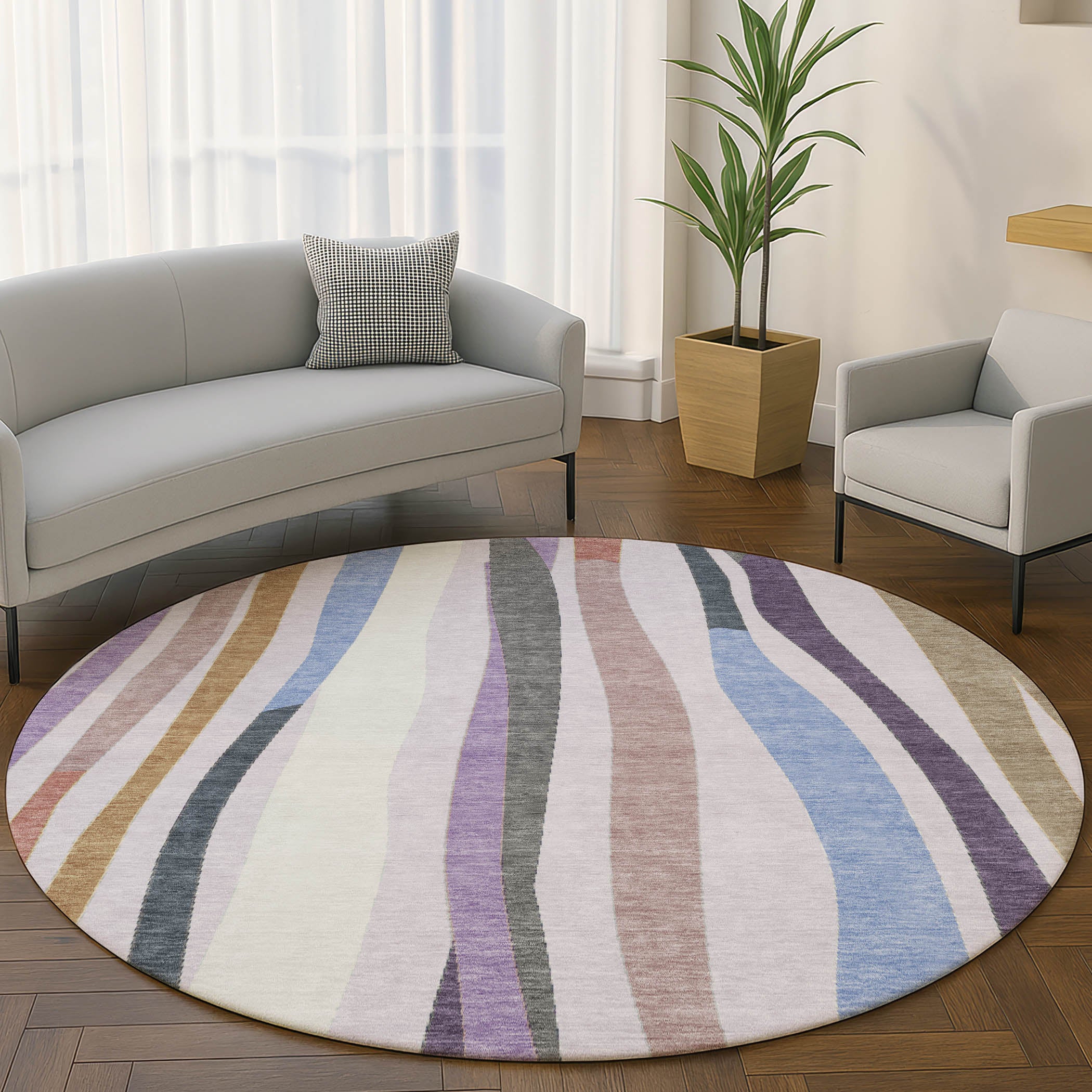 Zanzibar Machine Washable Transitional Lavender Purple Rug 8' x 8' #shape_Round