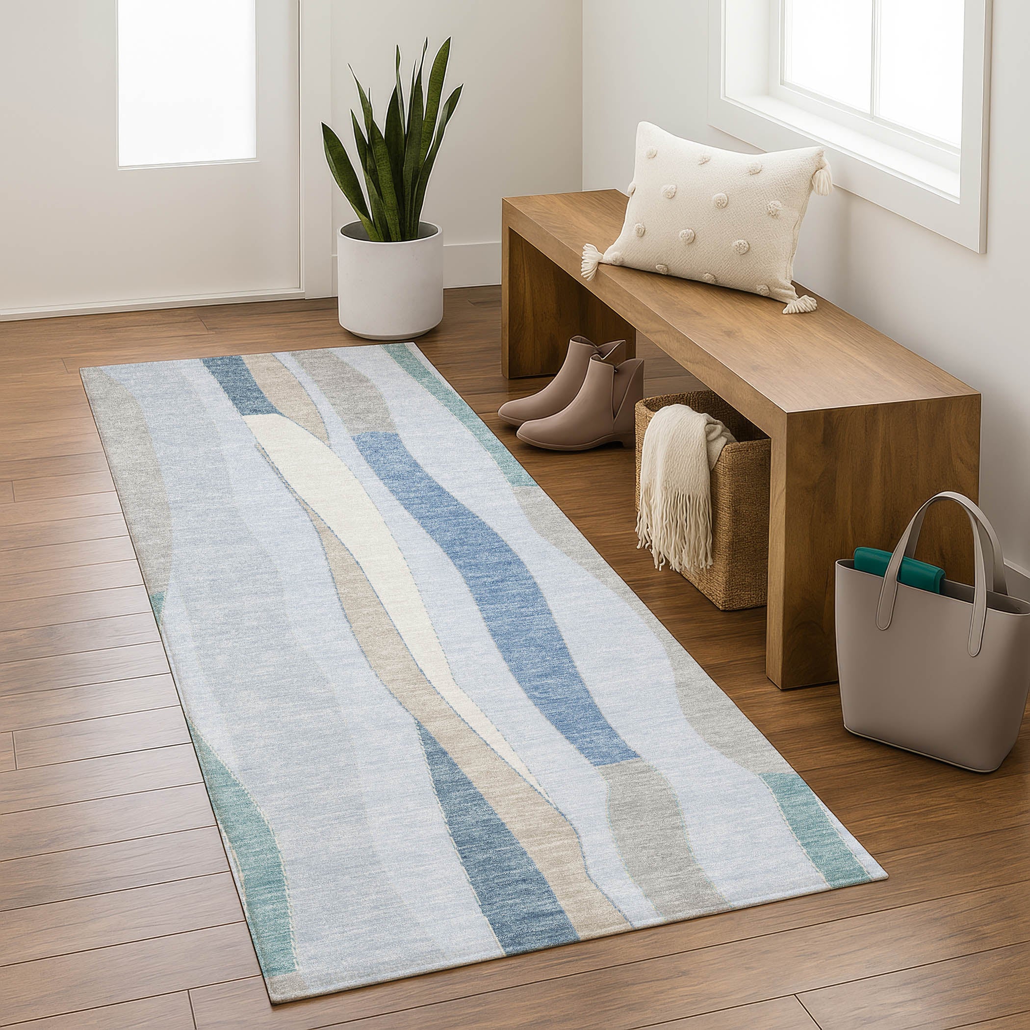 Zanzibar Machine Washable Transitional Sky Blue Rug 2'3" x 7'6" #shape_Runner