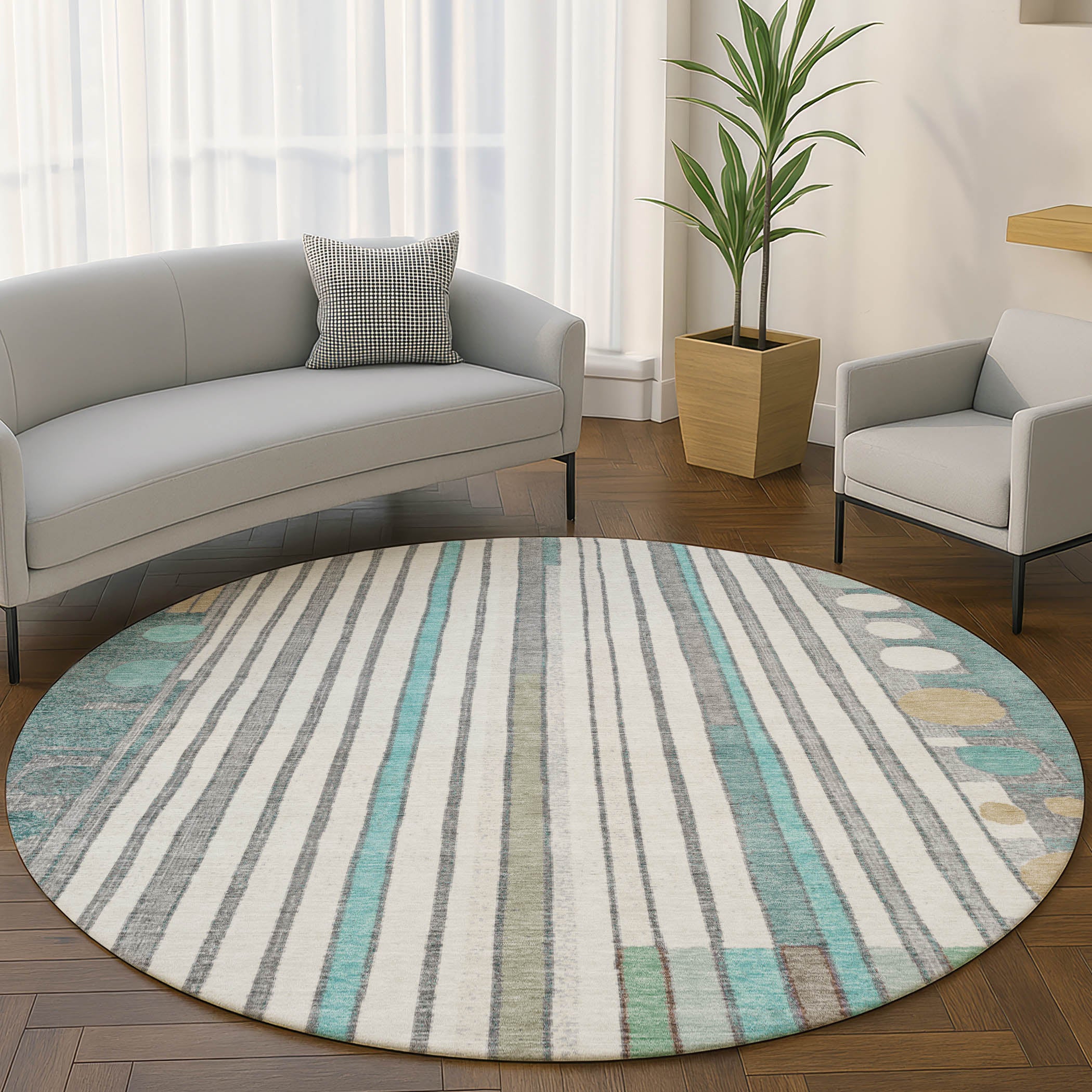Lima Machine Washable Transitional Teal Rug 8' x 8' #shape_Round
